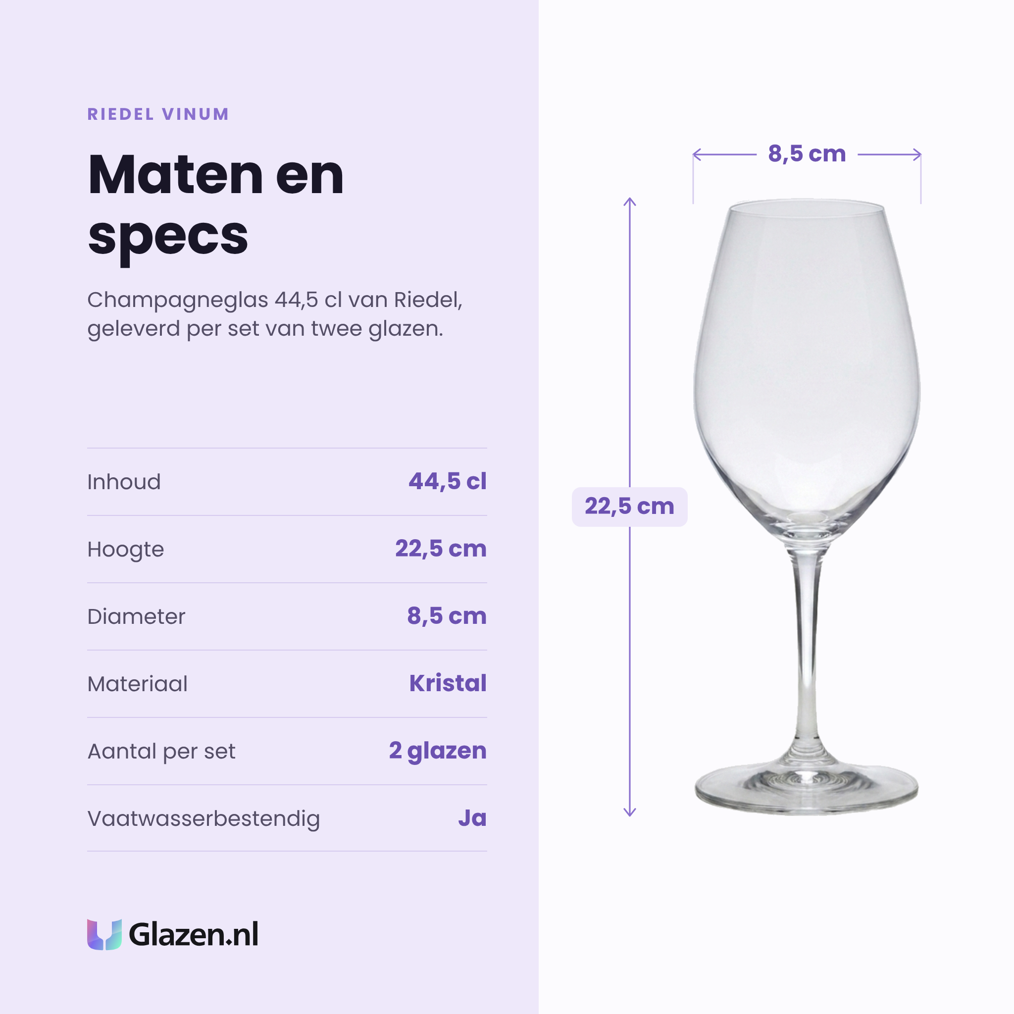 Riedel Vinum champagneglas 44,5 cl specificaties: inhoud 44,5 cl, hoogte 22,5 cm, diameter 8,5 cm, kristal, set van 2