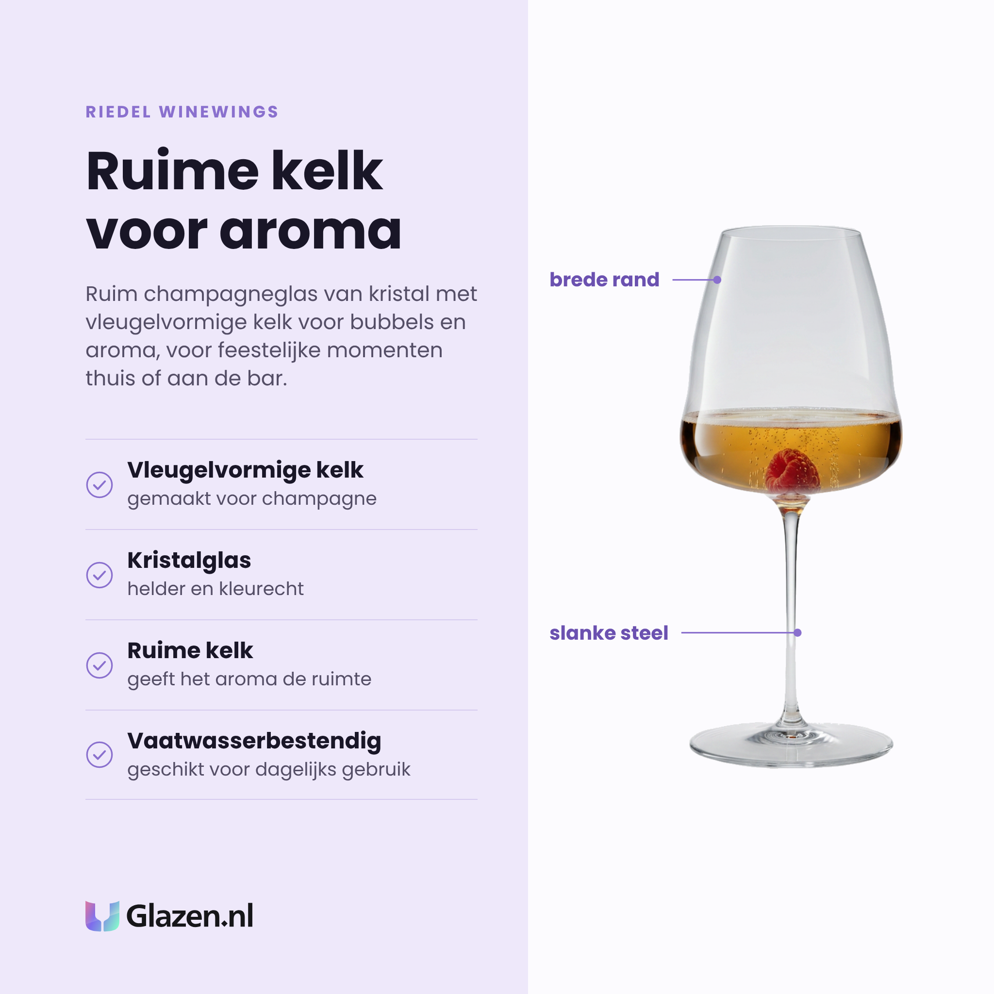 Riedel Winewings champagneglas 74,2 cl eigenschappen: vleugelvormige kelk, kristalglas, ruime kelk voor aroma, vaatwasserbestendig