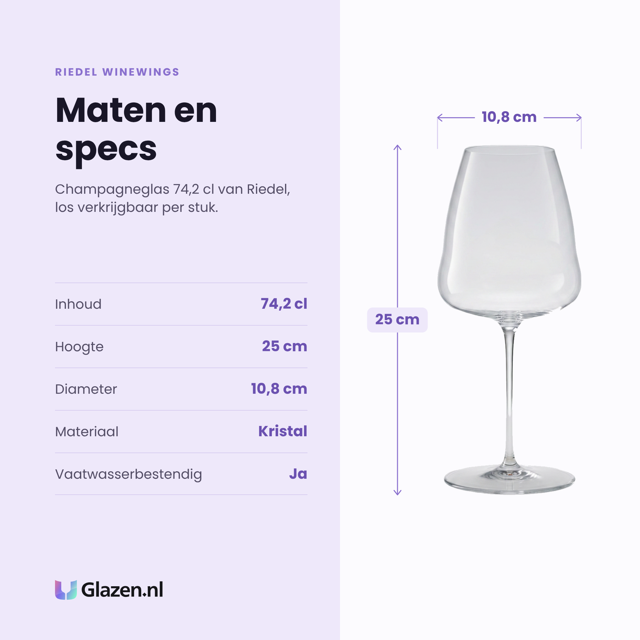Riedel Winewings champagneglas 74,2 cl specificaties: inhoud 74,2 cl, hoogte 25 cm, diameter 10,8 cm, kristal, los per stuk