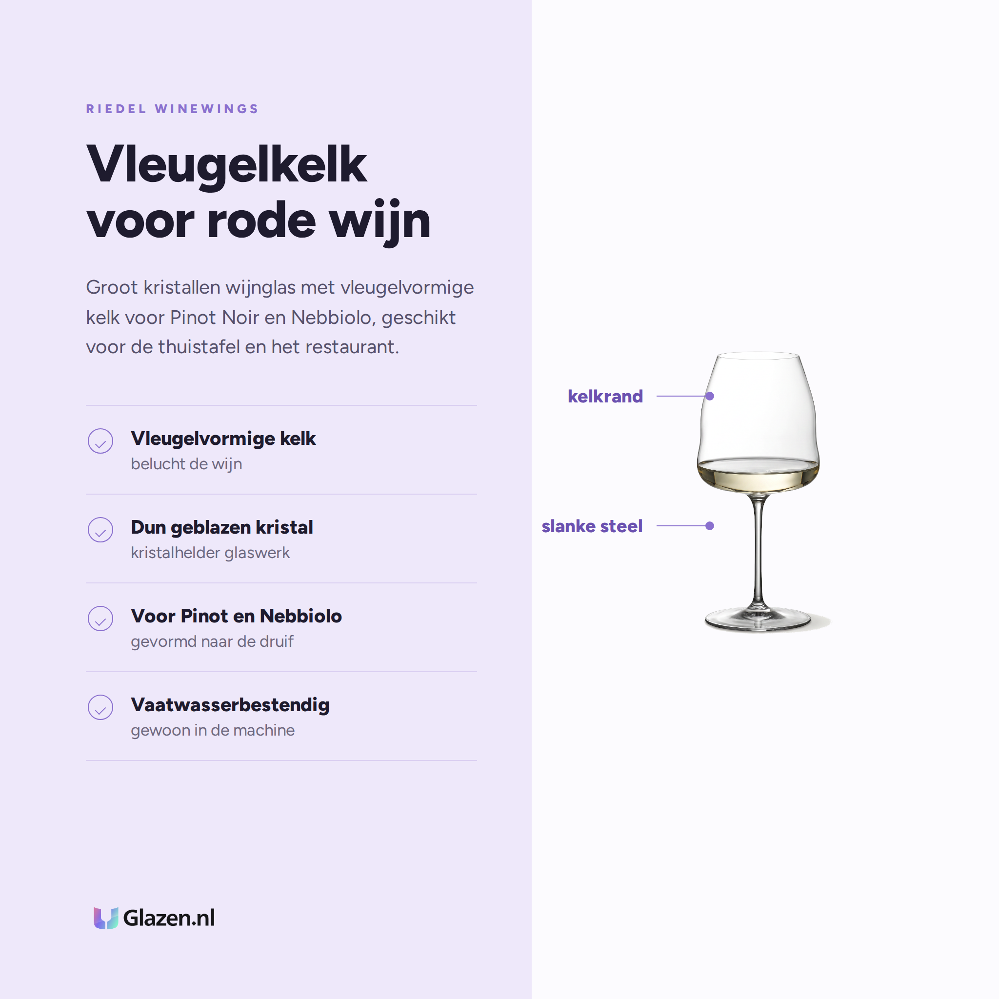 Riedel Winewings Wijnglas 95 Cl Pinot Noir / Nebbiolo eigenschappen: vleugelvormige kelk, dun geblazen kristal, voor pinot en nebbiolo, vaatwasserbestendig