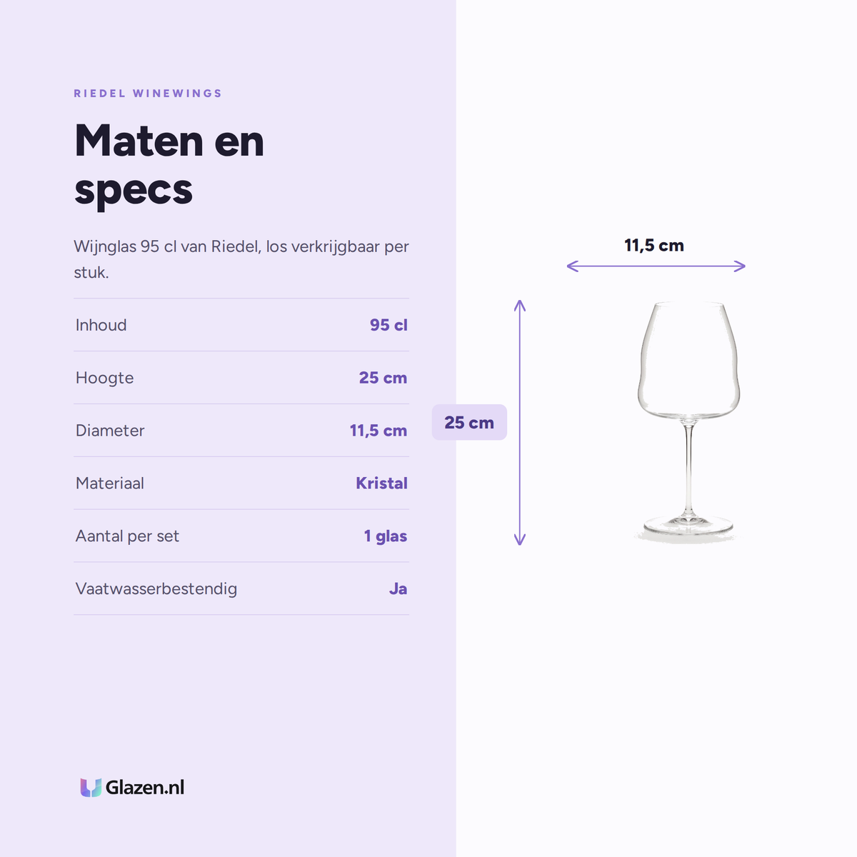 Riedel Winewings Wijnglas 95 Cl Pinot Noir / Nebbiolo specificaties: inhoud 95 cl, hoogte 25 cm, diameter 11,5 cm, materiaal Kristal, aantal per set 1 glas, vaatwasserbestendig Ja