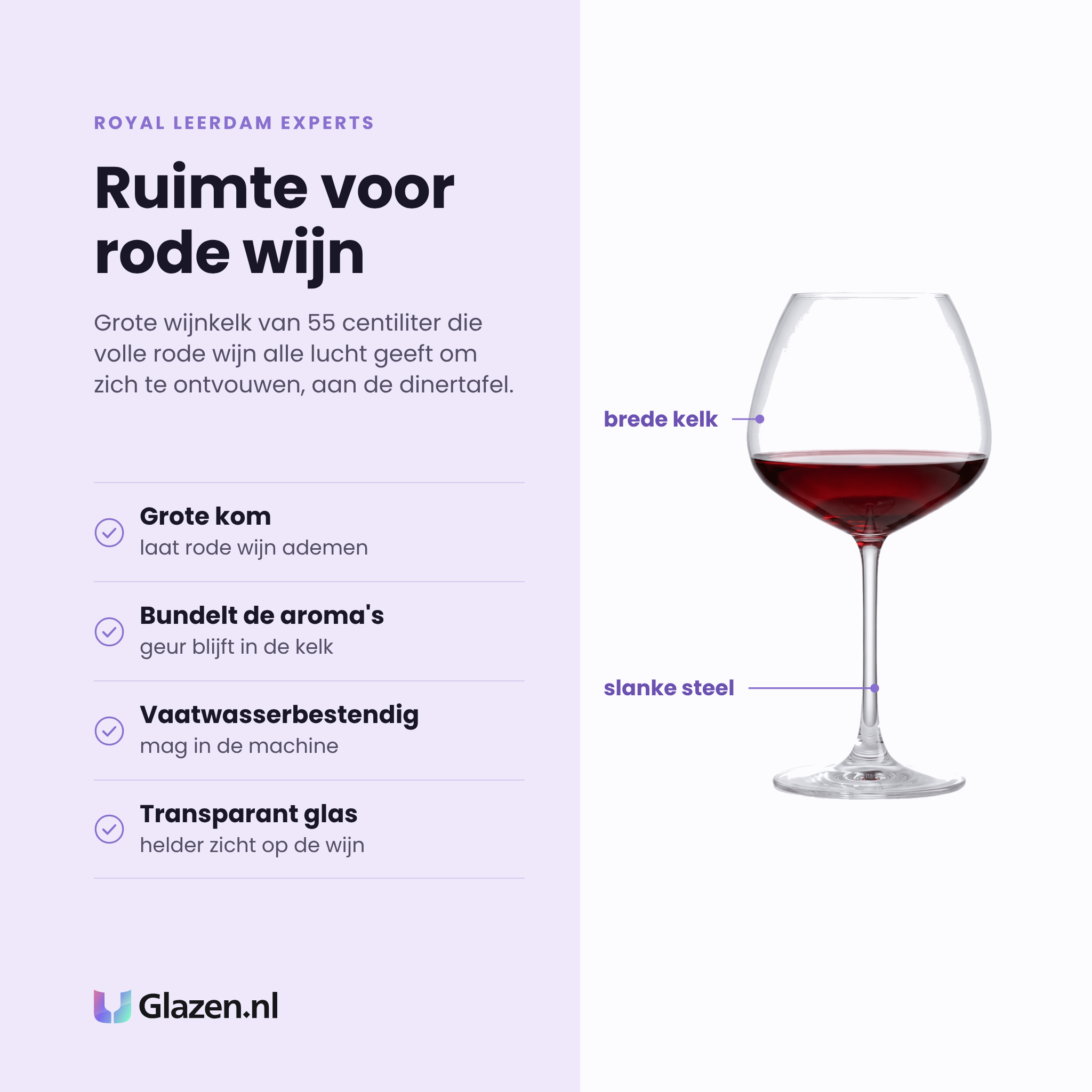 Royal Leerdam Experts wijnglas 55 cl eigenschappen: grote kom, bundelt de aroma's, vaatwasserbestendig, transparant glas