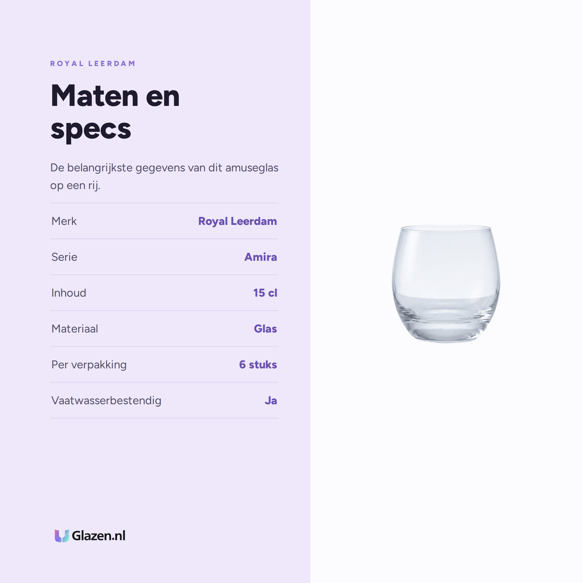 Maten en specificaties van de Royal Leerdam Amira Amuseglas 15 Cl - 6 Stuks