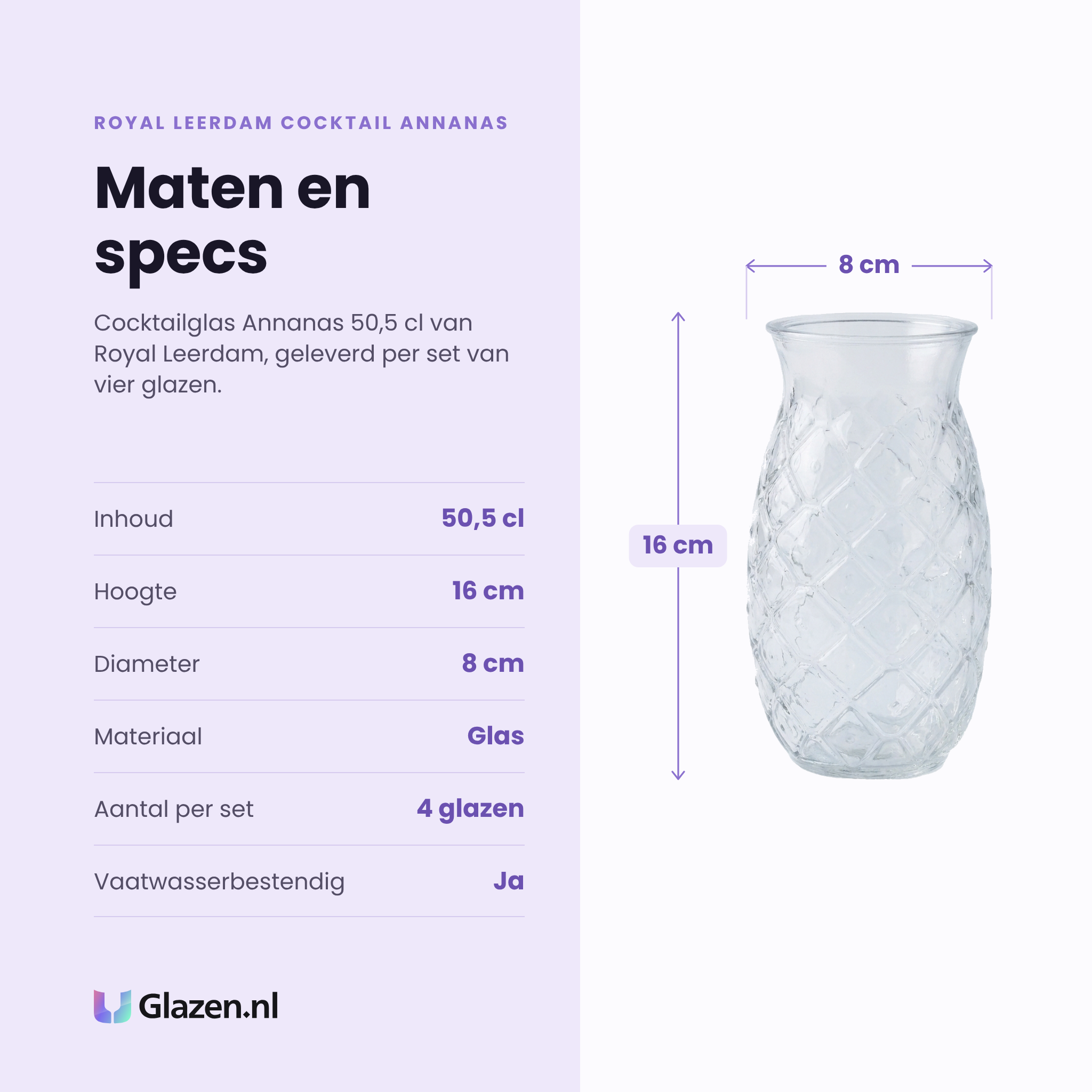 Royal Leerdam Cocktail Annanas cocktailglas 50,5 cl specificaties: inhoud 50,5 cl, hoogte 16 cm, diameter 8 cm, glas, set van 4