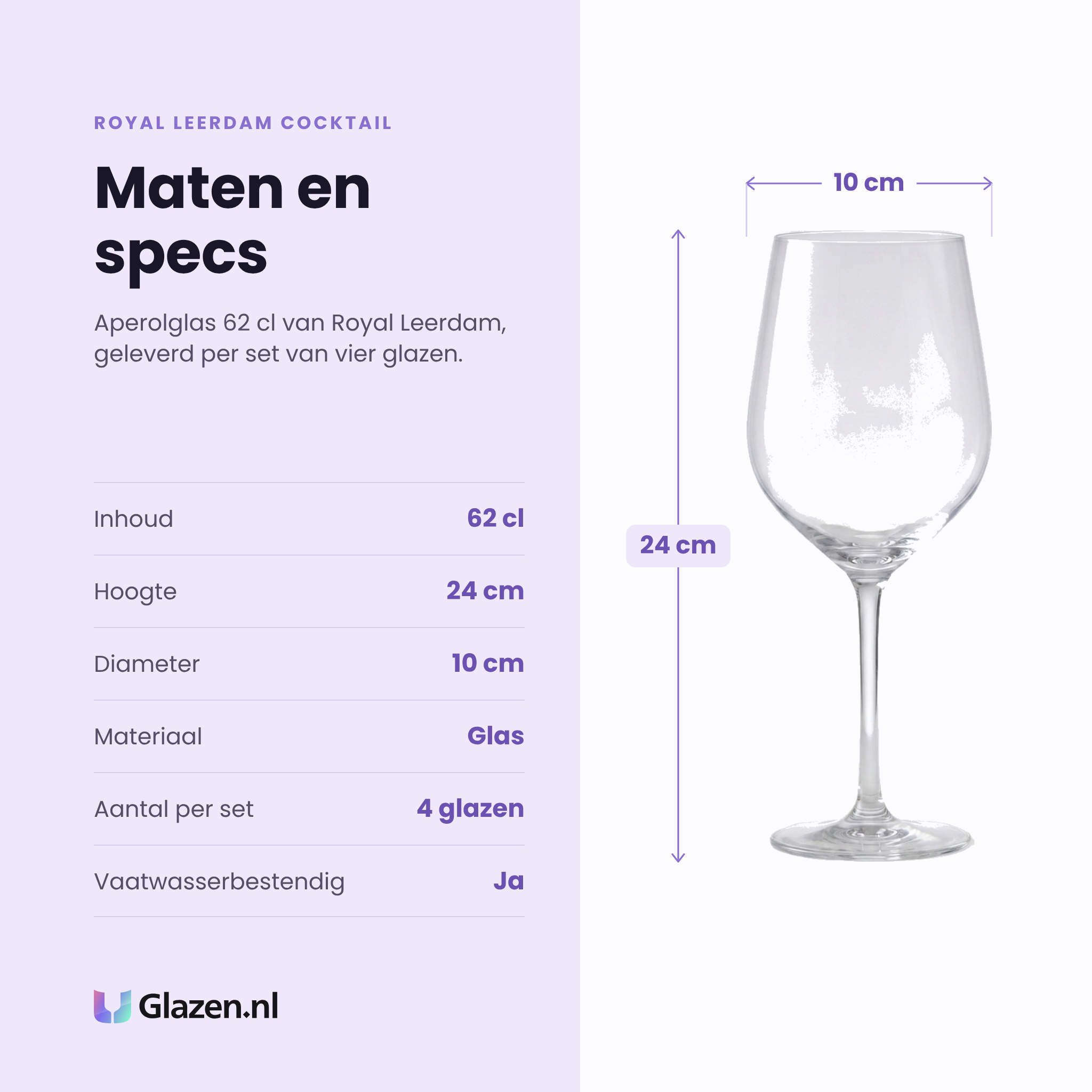 Royal Leerdam Cocktail aperolglas 62 cl specificaties: inhoud 62 cl, hoogte 24 cm, diameter 10 cm, glas, set van 4