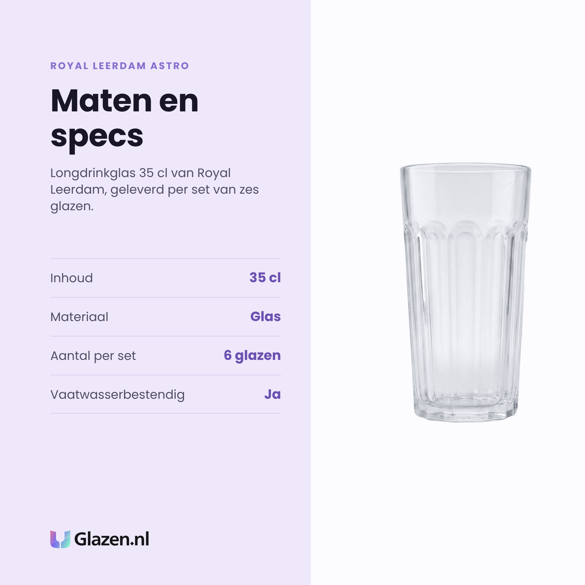 Royal Leerdam Astro longdrinkglas 35 cl specificaties: inhoud 35 cl, glas, set van 6