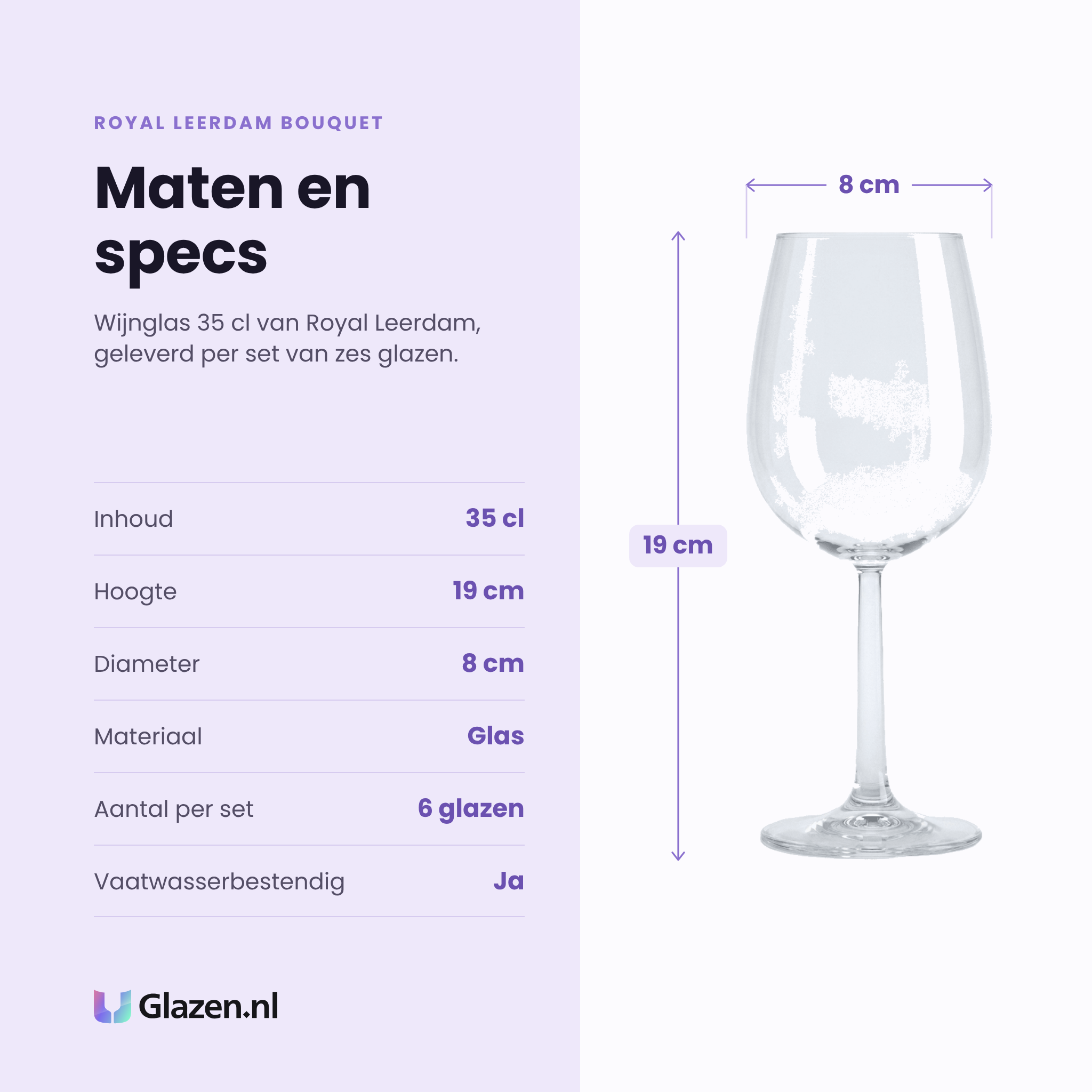 Royal Leerdam Bouquet wijnglas 35 cl specificaties: inhoud 35 cl, hoogte 19 cm, diameter 8 cm, glas, set van 6