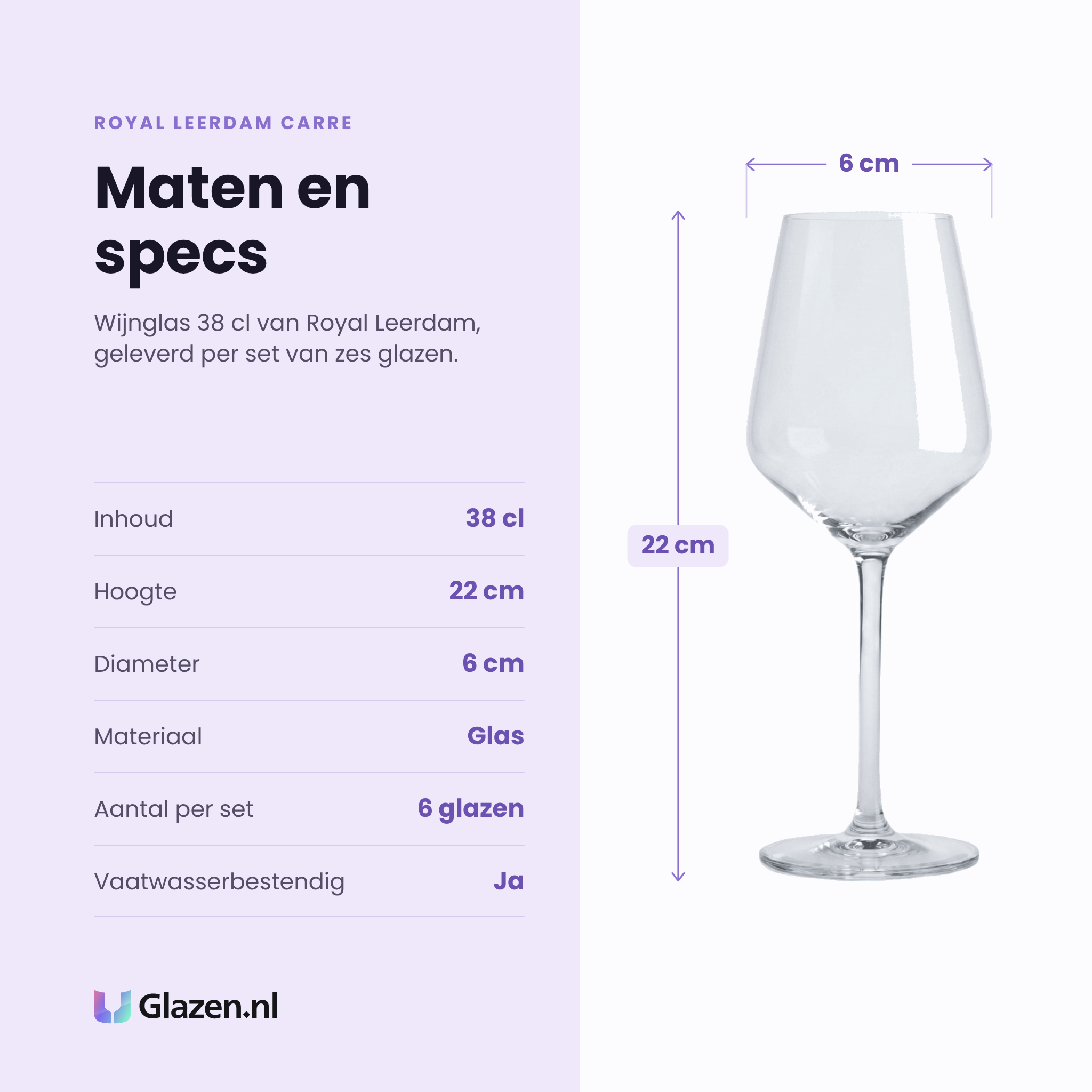 Royal Leerdam Carre wijnglas 38 cl specificaties: inhoud 38 cl, hoogte 22 cm, diameter 6 cm, glas, set van 6