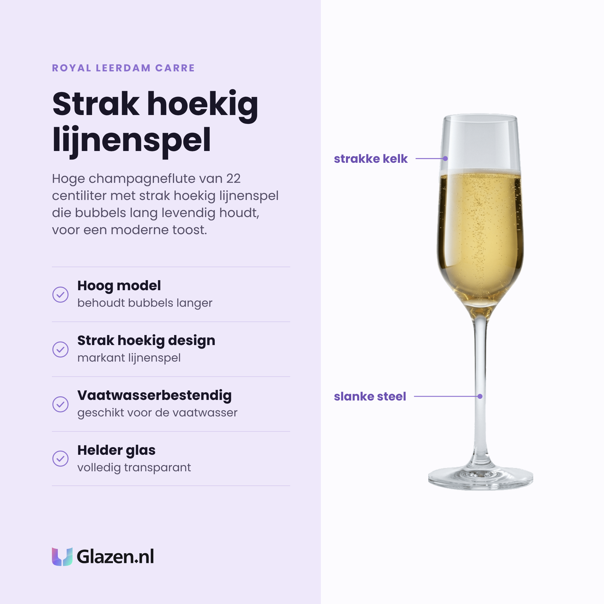Royal Leerdam Carre champagneflute 22 cl eigenschappen: hoog model, strak hoekig design, vaatwasserbestendig, helder glas