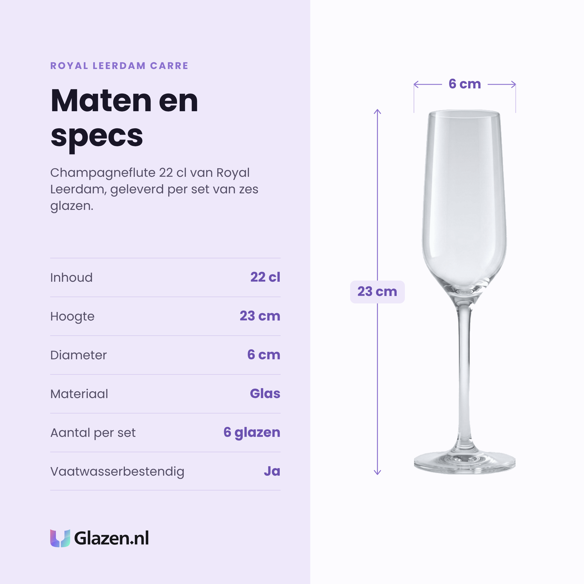 Royal Leerdam Carre champagneflute 22 cl specificaties: inhoud 22 cl, hoogte 23 cm, diameter 6 cm, glas, set van 6