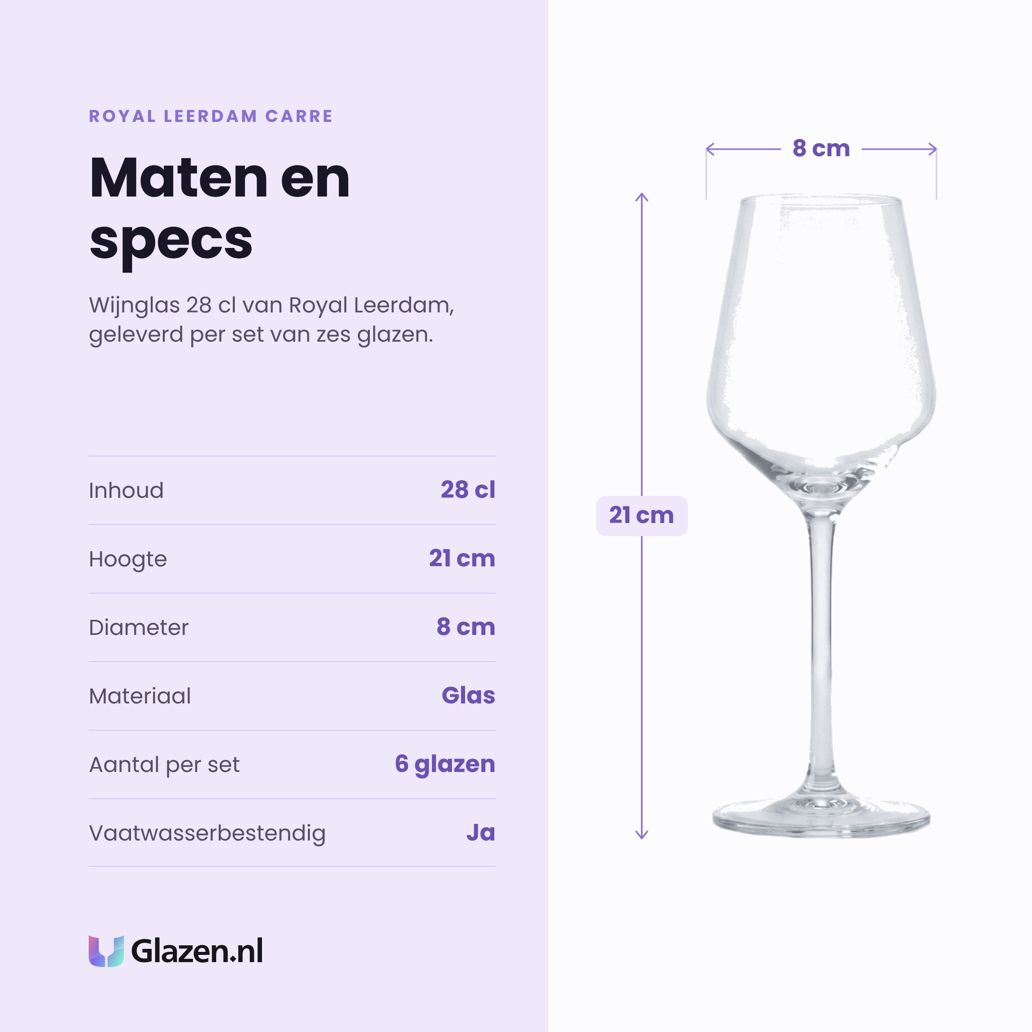 Royal Leerdam Carre wijnglas 28 cl specificaties: inhoud 28 cl, hoogte 21 cm, diameter 8 cm, glas, set van 6
