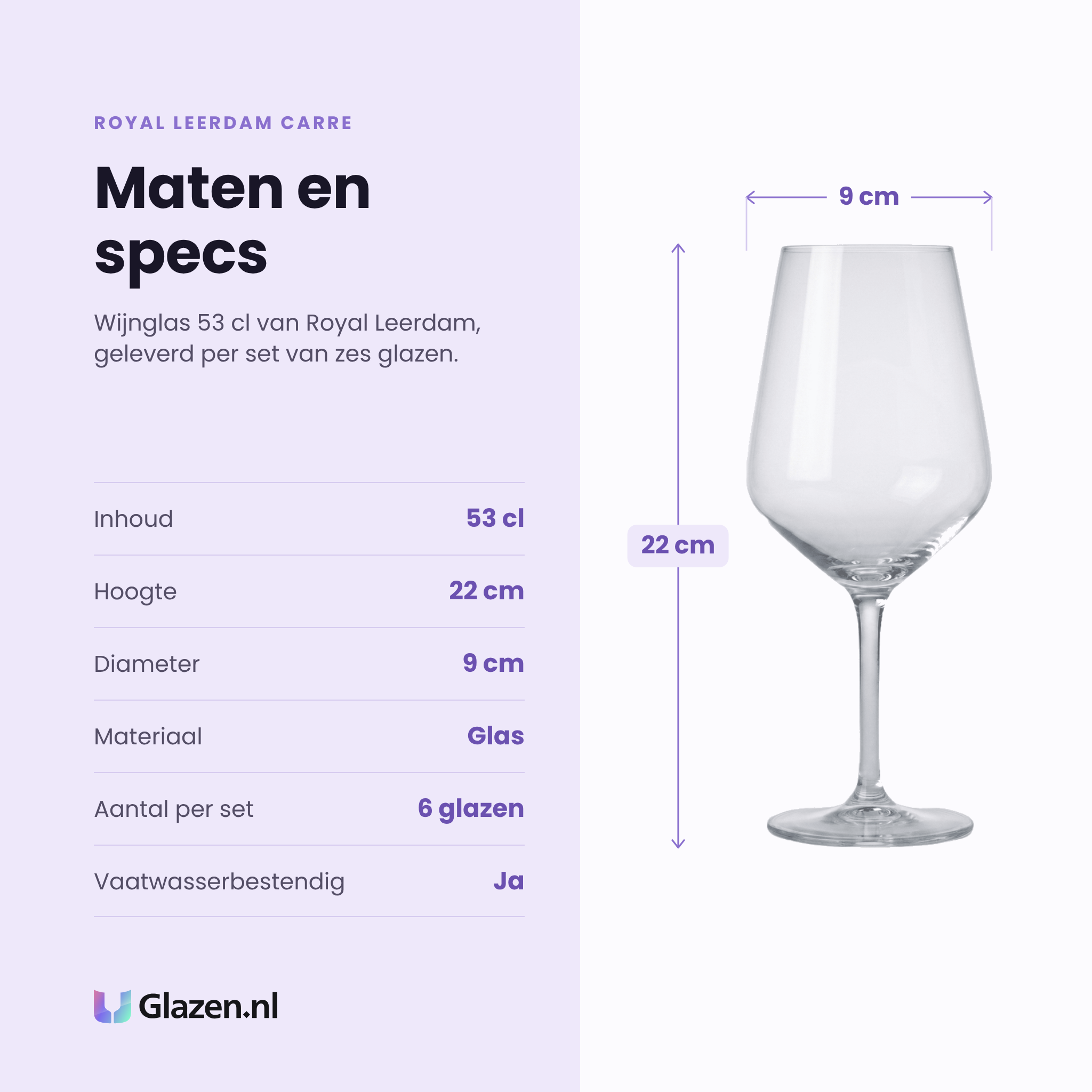 Royal Leerdam Carre wijnglas 53 cl specificaties: inhoud 53 cl, hoogte 22 cm, diameter 9 cm, glas, set van 6