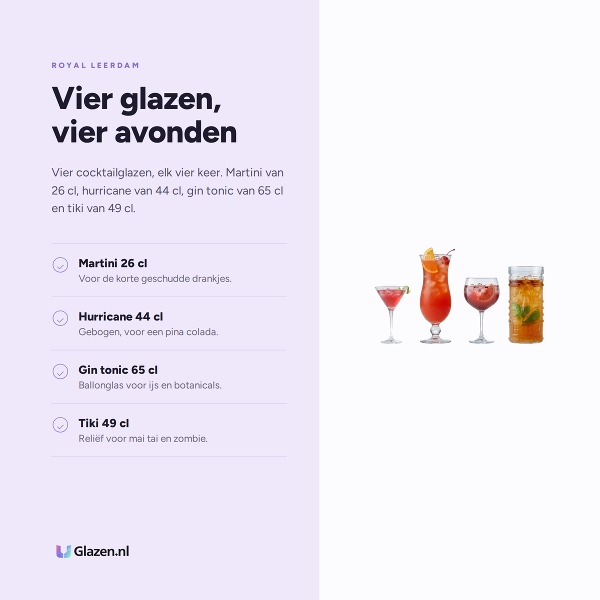 Eigenschappen van de Royal Leerdam Cocktail Partyset 16-Delig (Martini, Hurricane, Gin Tonic & Tiki)