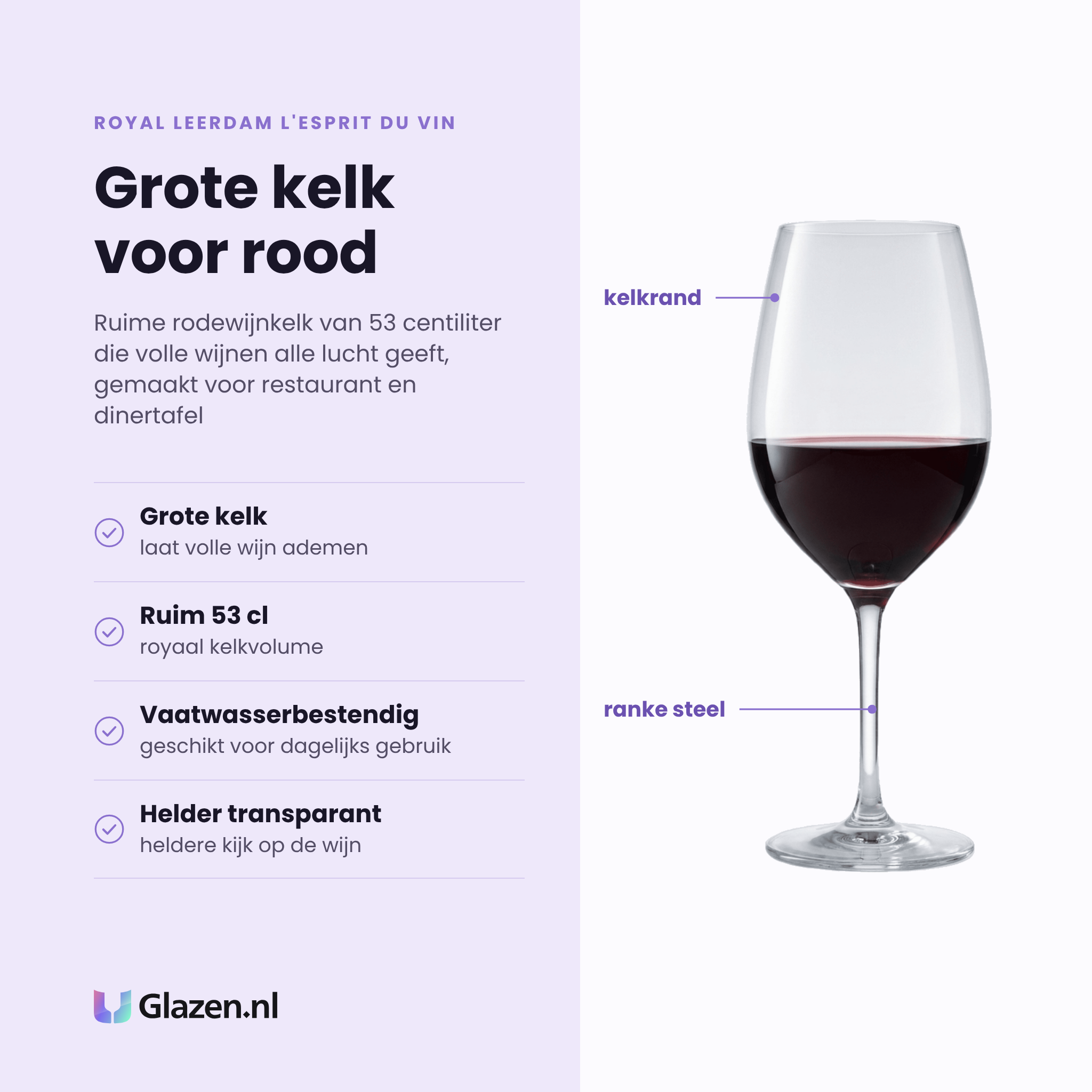 Royal Leerdam L'Esprit Du Vin wijnglas 53 cl eigenschappen: grote kelk laat wijn ademen, ruim 53 cl kelkvolume, vaatwasserbestendig, helder transparant glas