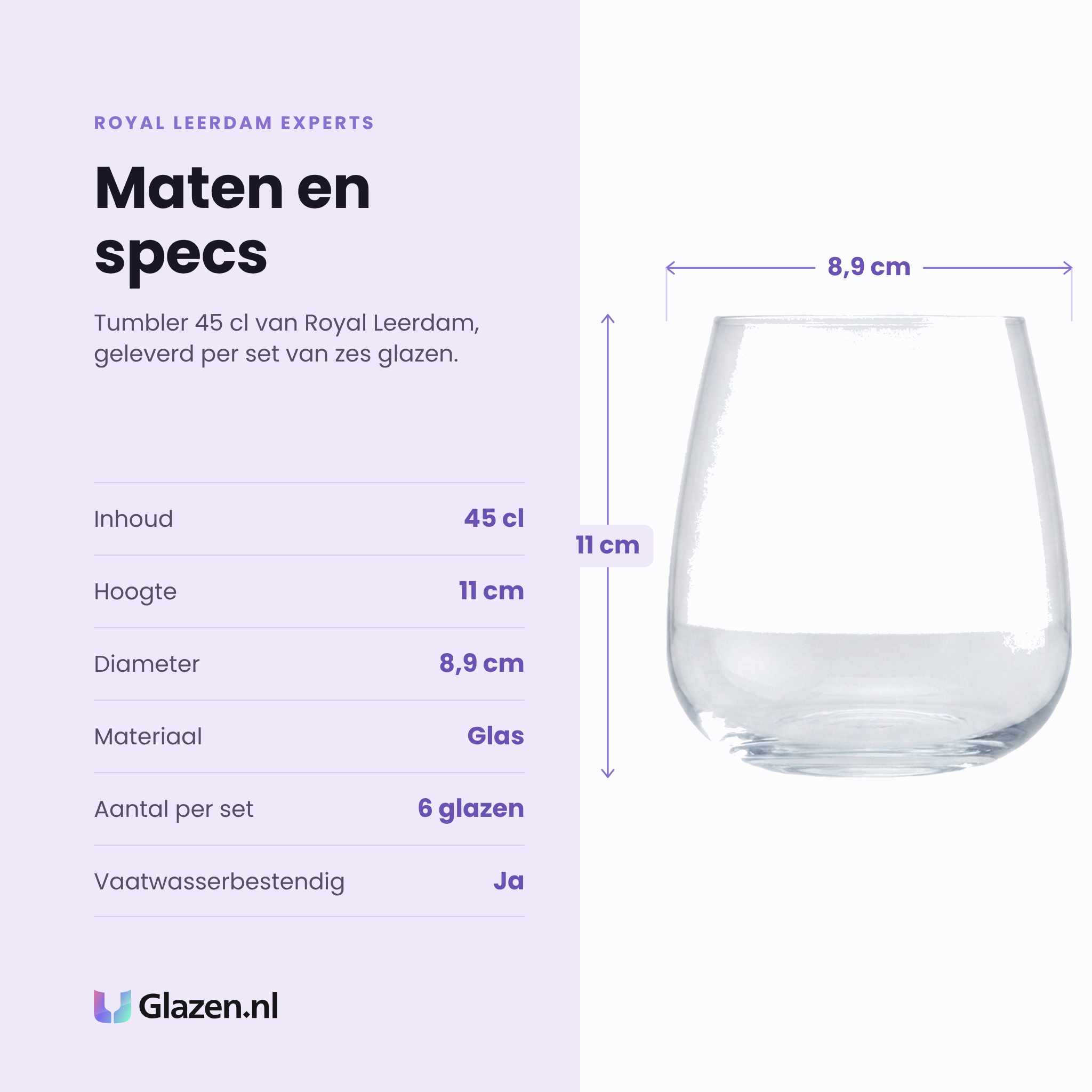 Royal Leerdam Experts tumbler 45 cl specificaties: inhoud 45 cl, hoogte 11 cm, diameter 8,9 cm, glas, set van 6