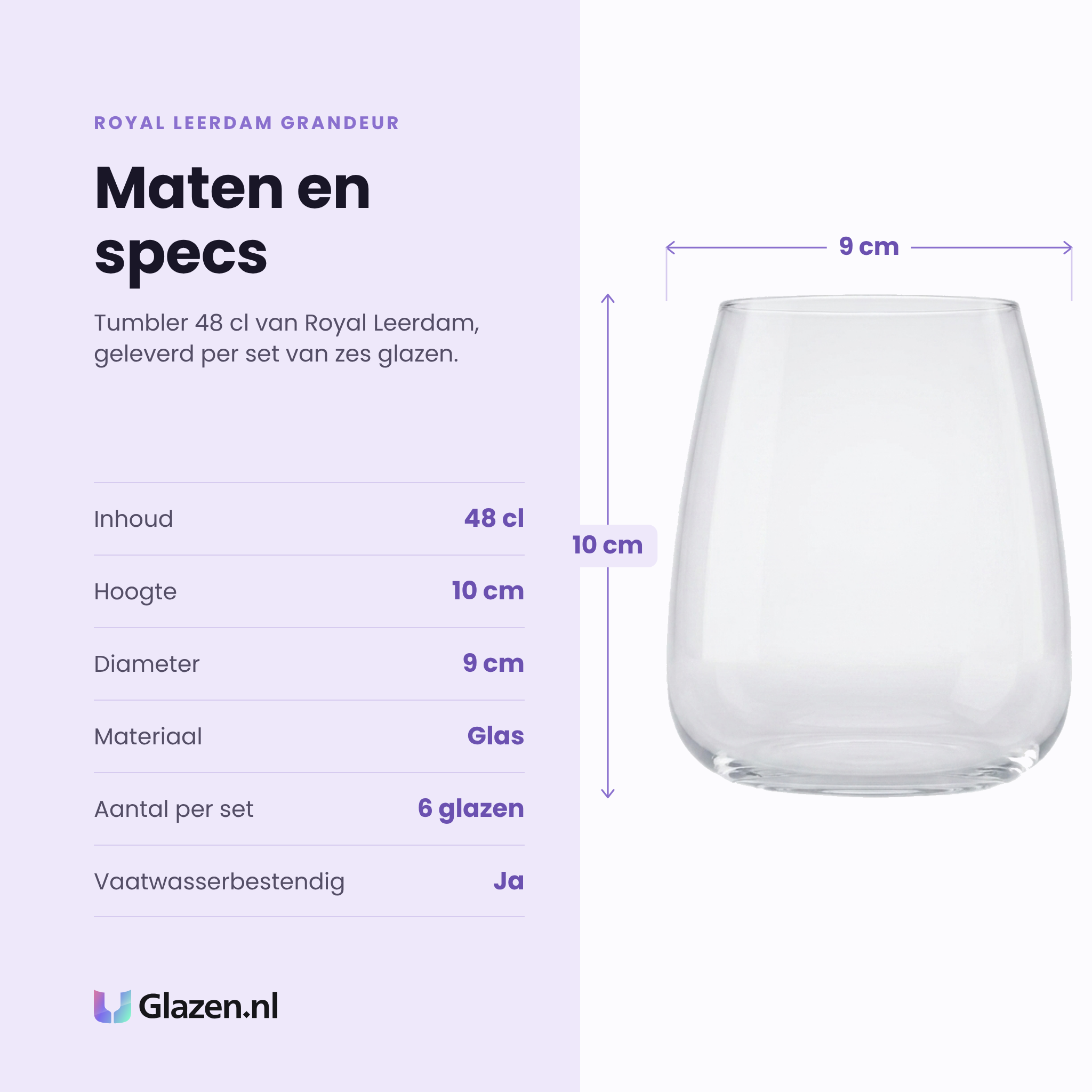 Royal Leerdam Grandeur tumbler 48 cl specificaties: inhoud 48 cl, hoogte 10 cm, diameter 9 cm, glas, set van 6