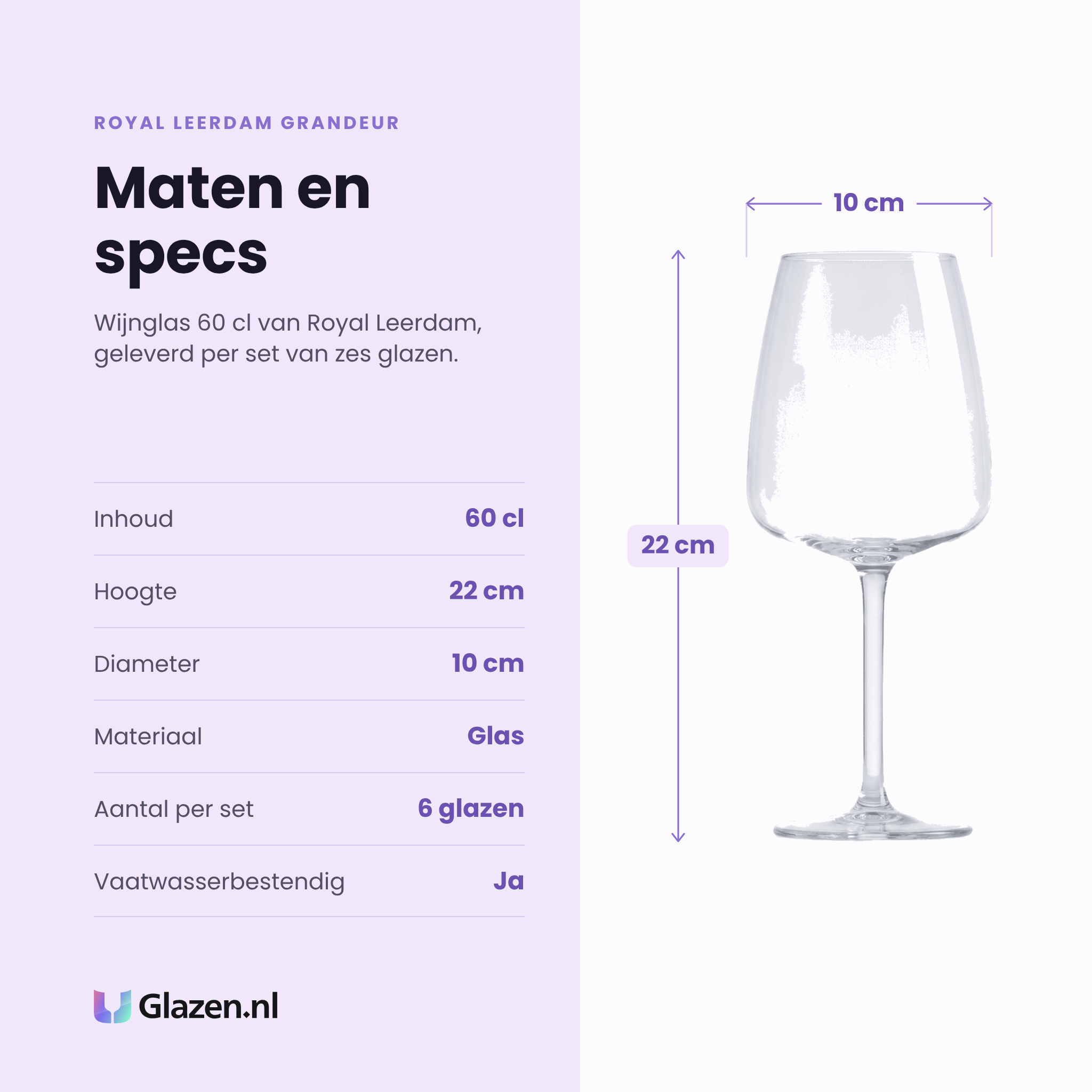 Royal Leerdam Grandeur wijnglas 60 cl specificaties: inhoud 60 cl, hoogte 22 cm, diameter 10 cm, glas, set van 6