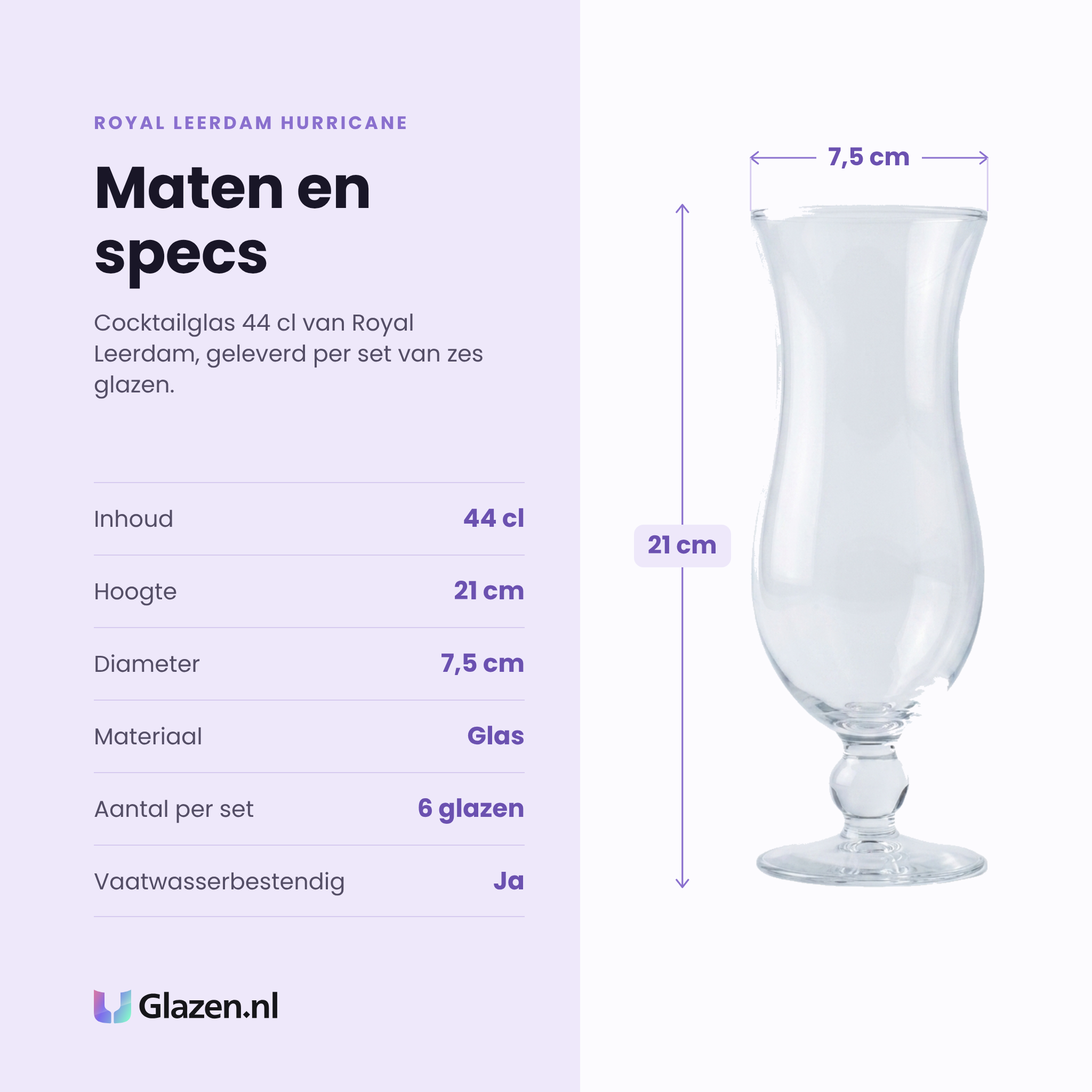 Royal Leerdam Hurricane cocktailglas 44 cl specificaties: inhoud 44 cl, hoogte 21 cm, diameter 7,5 cm, glas, set van 6
