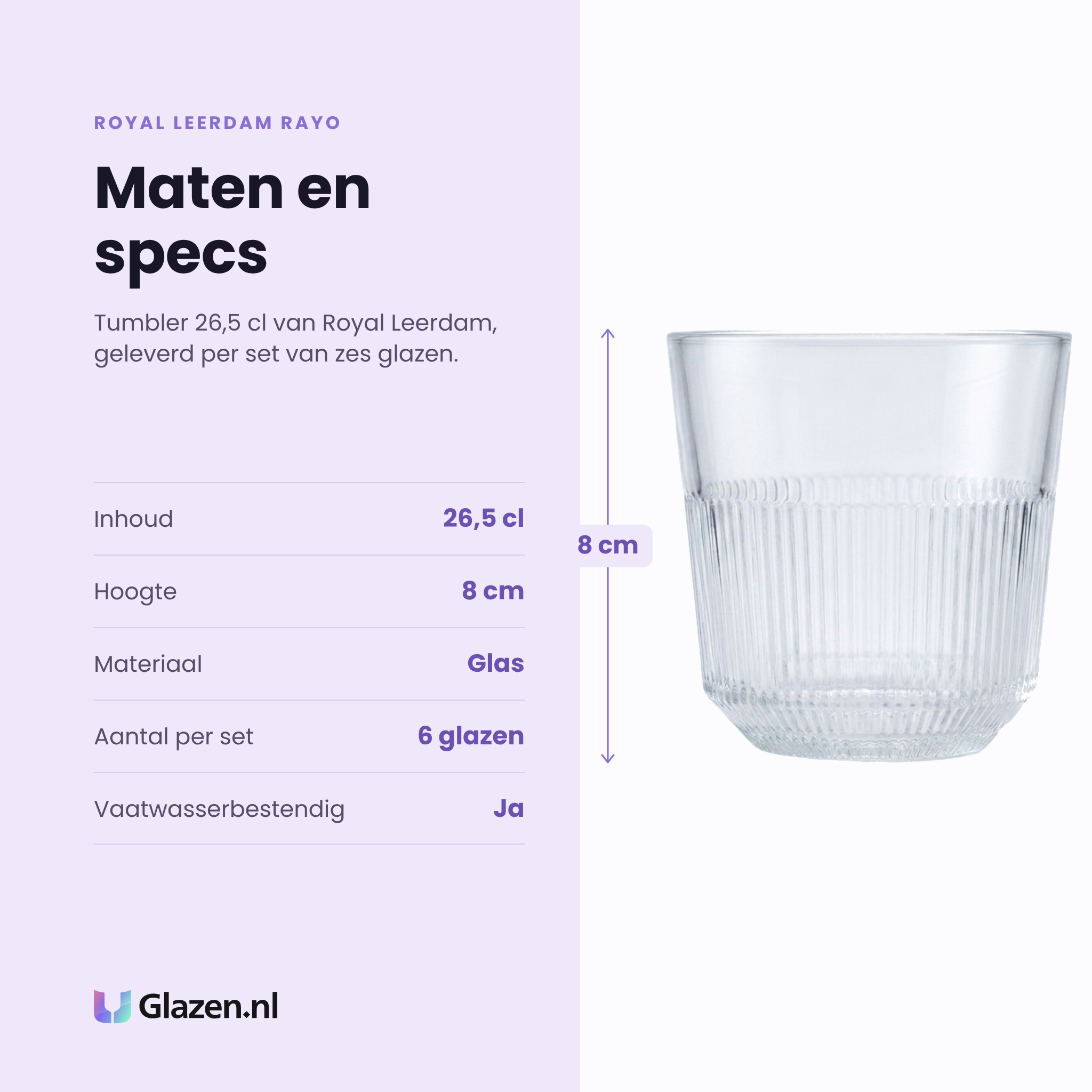 Royal Leerdam Rayo tumbler 26,5 cl specificaties: inhoud 26,5 cl, hoogte 8 cm, glas, set van 6