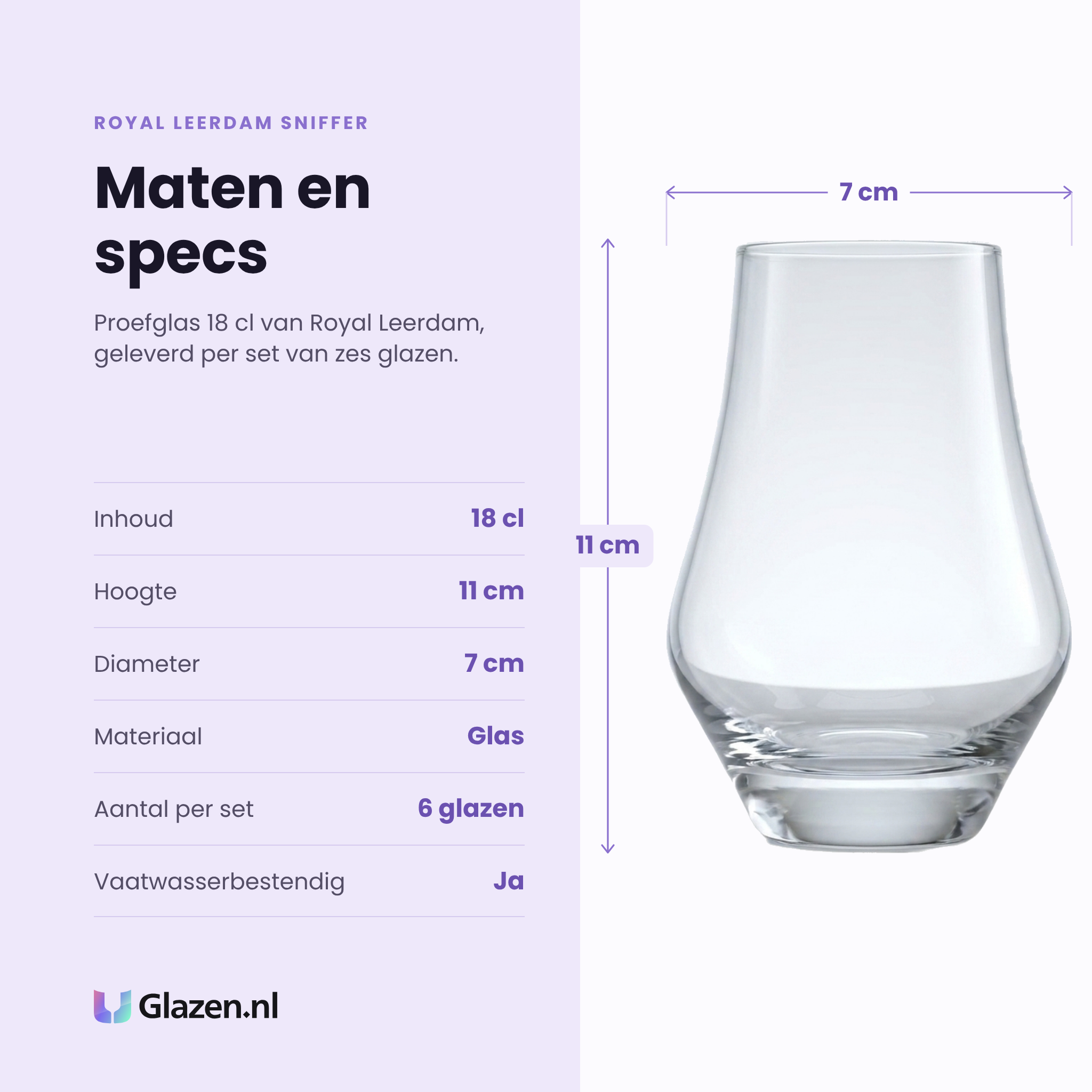 Royal Leerdam Sniffer proefglas 18 cl specificaties: inhoud 18 cl, hoogte 11 cm, diameter 7 cm, glas, set van 6