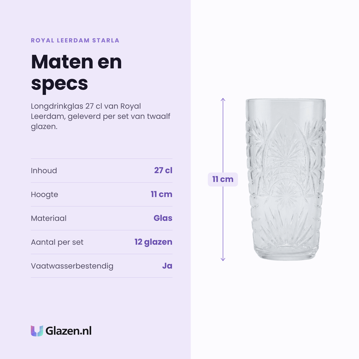 Royal Leerdam Starla longdrinkglas 27 cl specificaties: inhoud 27 cl, hoogte 11 cm, glas, set van 12