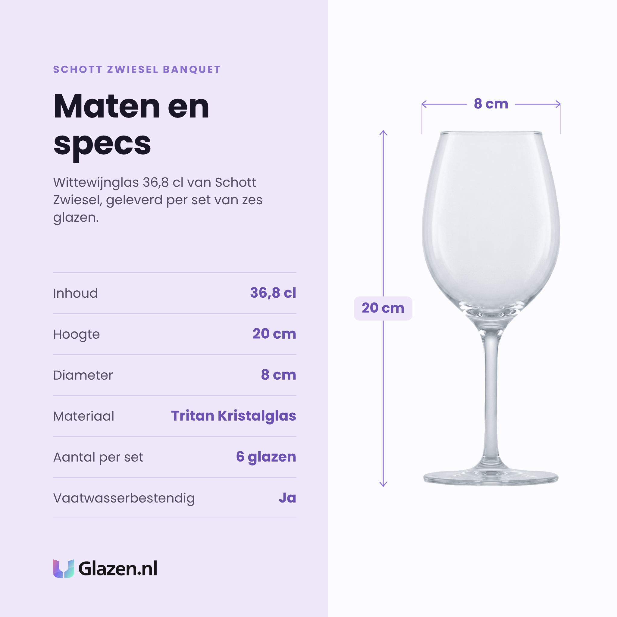 Schott Zwiesel Banquet wijnglas 36,8 cl specificaties: inhoud 36,8 cl, hoogte 20 cm, diameter 8 cm, tritan kristalglas, set van 6
