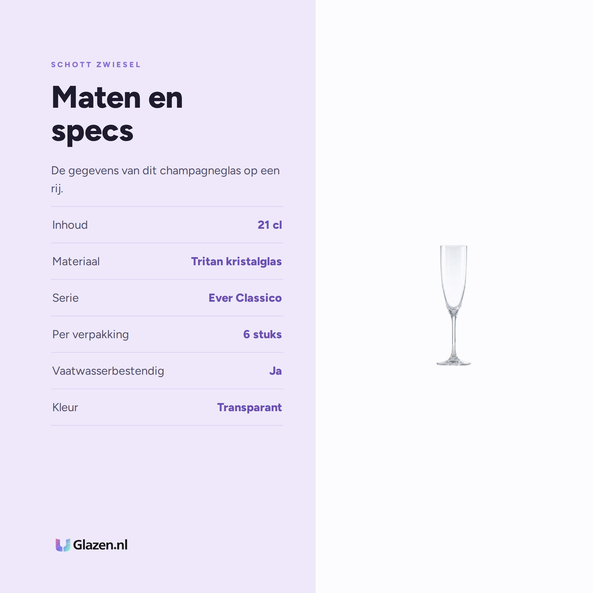 Maten en specs van de Schott Zwiesel Ever Classico Champagneglas 21 Cl met Mousseerpunt - 6 Stuks