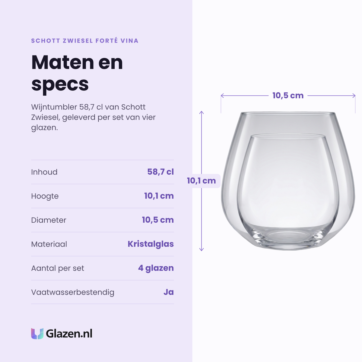 Schott Zwiesel Forté Vina wijntumbler 58,7 cl specificaties: inhoud 58,7 cl, hoogte 10,1 cm, diameter 10,5 cm, kristalglas, set van 4