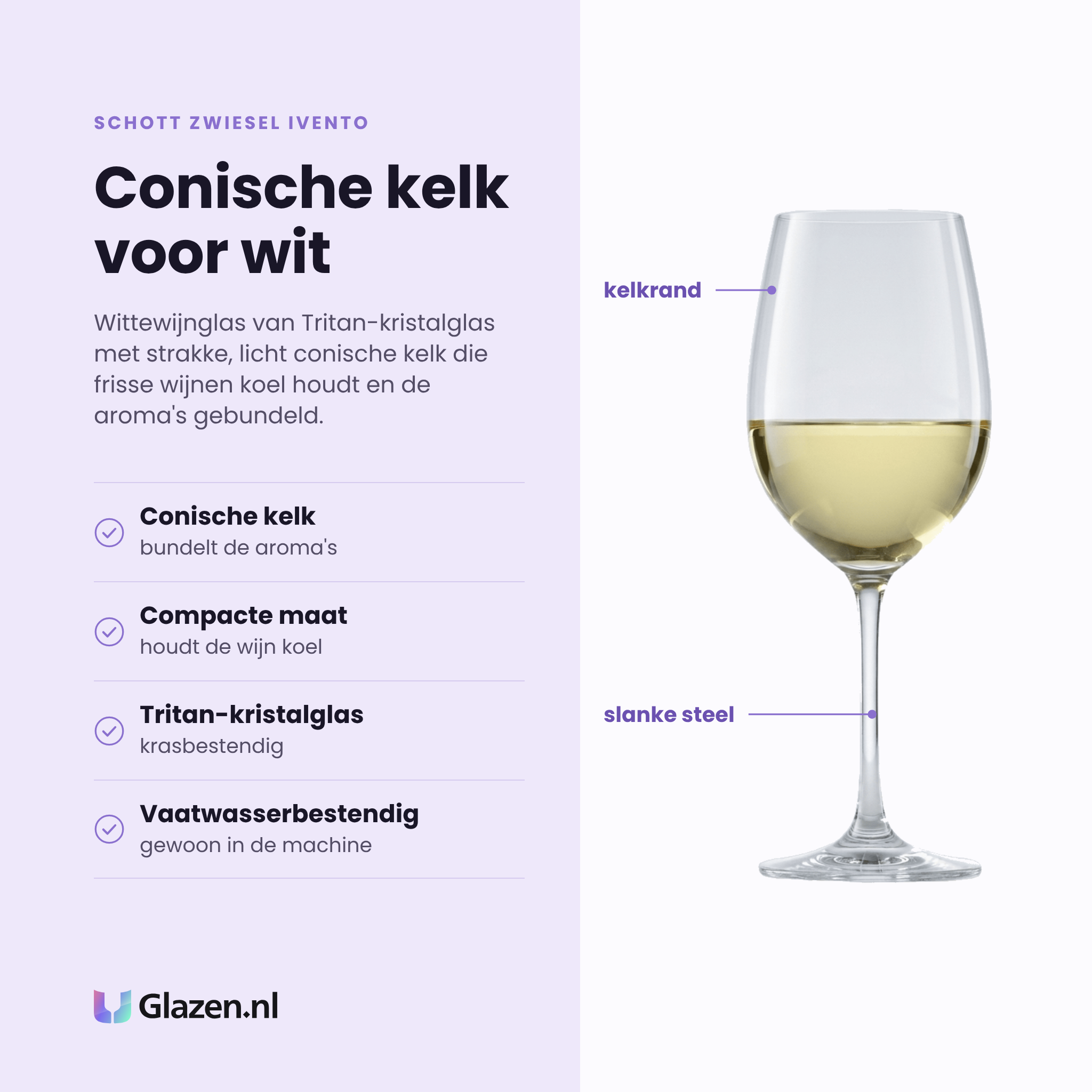 Schott Zwiesel Ivento wittewijnglas 34,9 cl eigenschappen: conische kelk bundelt de aroma's, compacte maat houdt koel, tritan kristalglas, vaatwasserbestendig