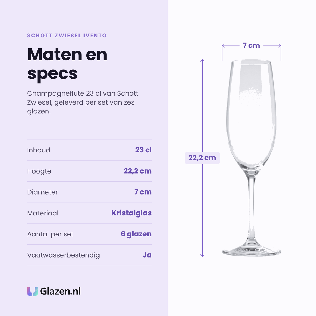Schott Zwiesel Ivento champagneflute 23 cl specificaties: inhoud 23 cl, hoogte 22,2 cm, diameter 7 cm, kristalglas, set van 6