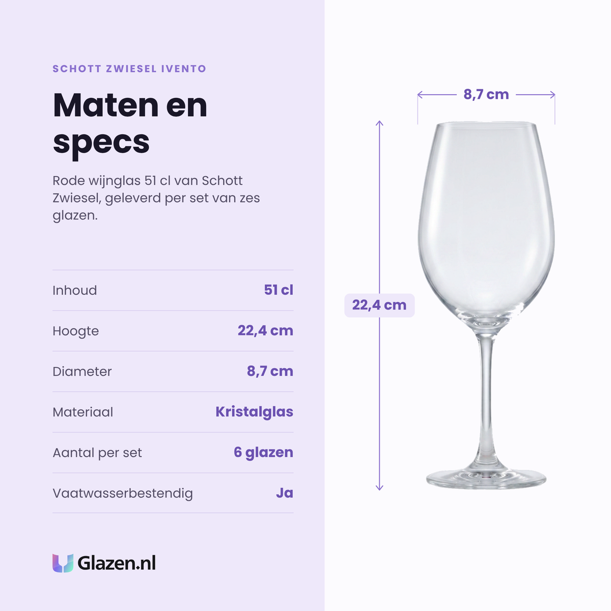 Schott Zwiesel Ivento rode wijnglas 51 cl specificaties: inhoud 51 cl, hoogte 22,4 cm, diameter 8,7 cm, kristalglas, set van 6