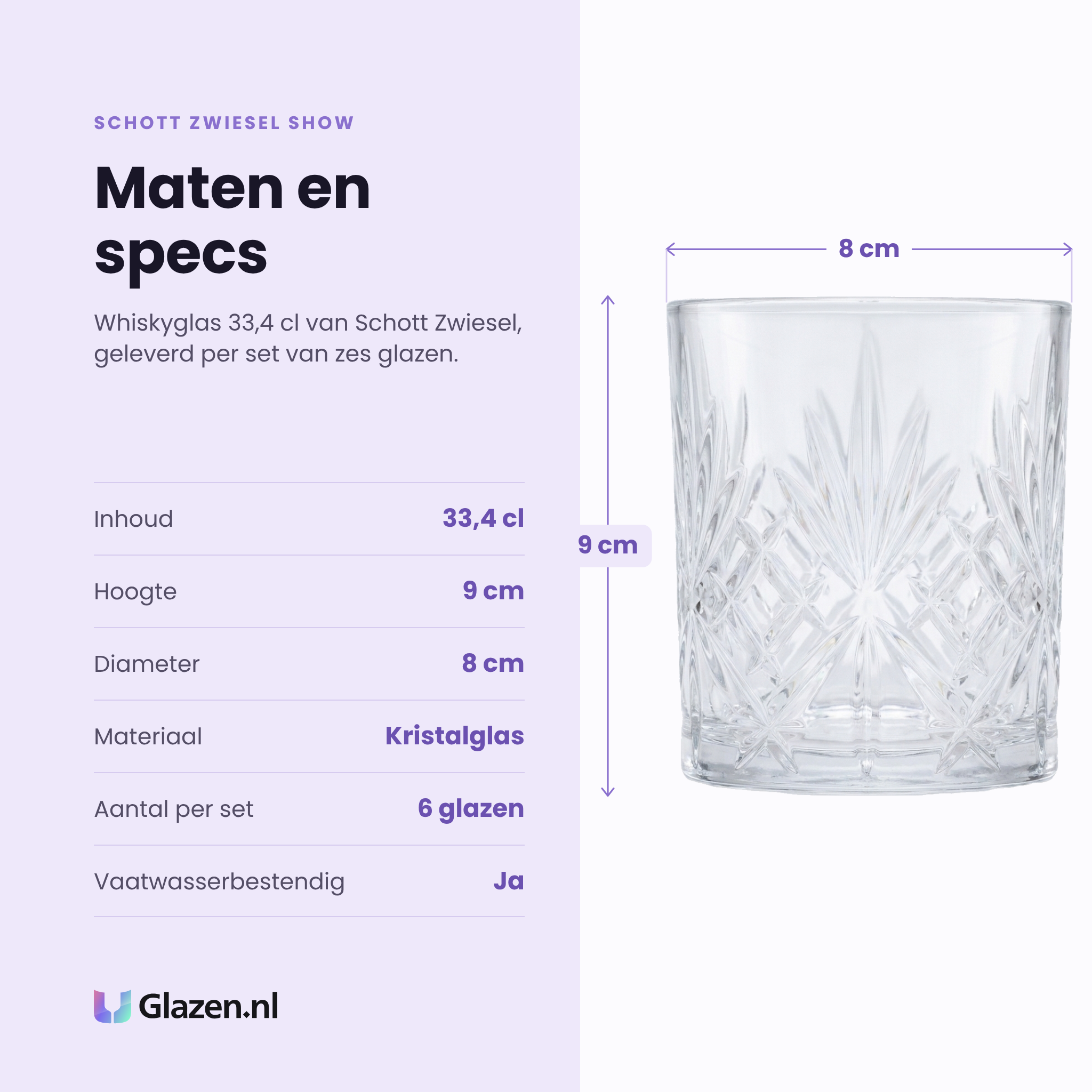 Schott Zwiesel Show whiskyglas 33,4 cl specificaties: inhoud 33,4 cl, hoogte 9 cm, diameter 8 cm, kristalglas, set van 6