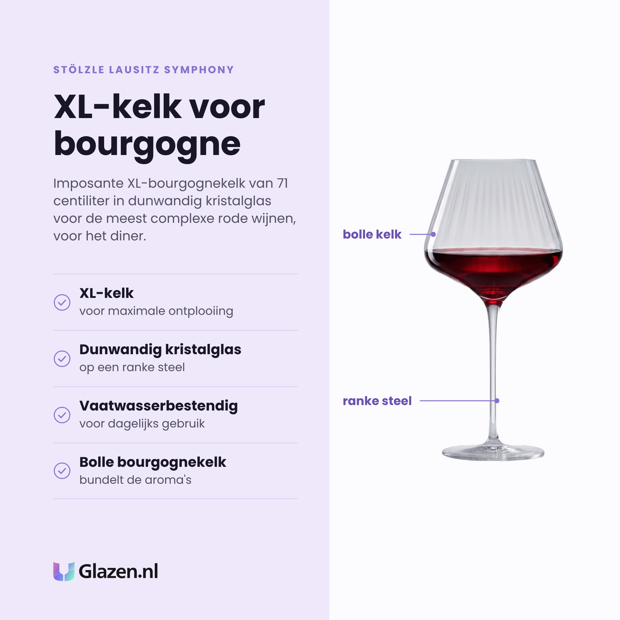 Stölzle Lausitz Symphony wijnglas 71 cl eigenschappen: xl-kelk, dunwandig kristalglas, vaatwasserbestendig, bolle bourgognekelk