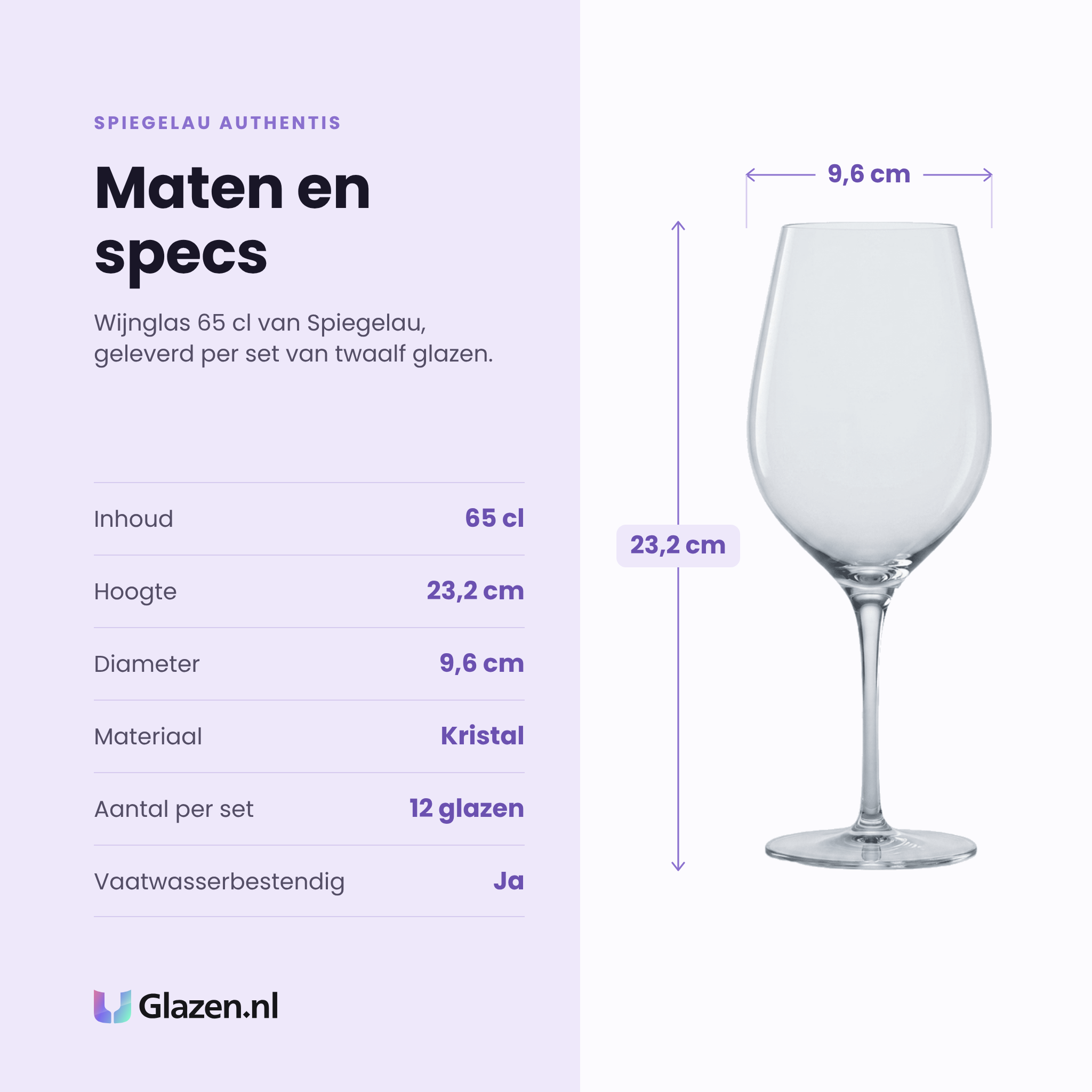 Spiegelau Authentis wijnglas 65 cl specificaties: inhoud 65 cl, hoogte 23,2 cm, diameter 9,6 cm, kristal, set van 12
