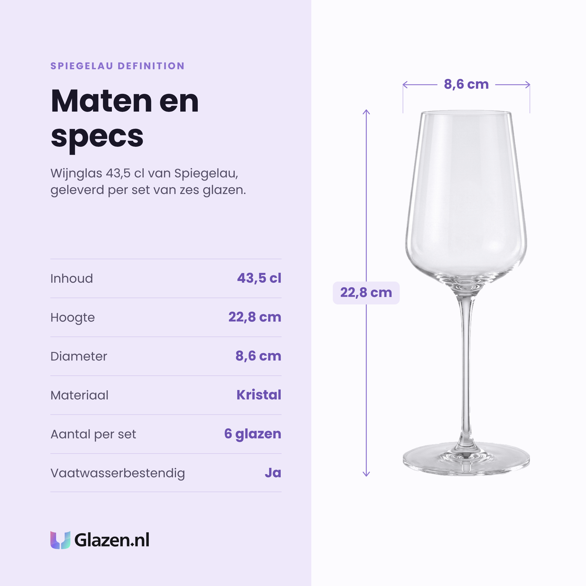 Spiegelau Definition wijnglas 43,5 cl specificaties: inhoud 43,5 cl, hoogte 22,8 cm, diameter 8,6 cm, kristal, set van 6