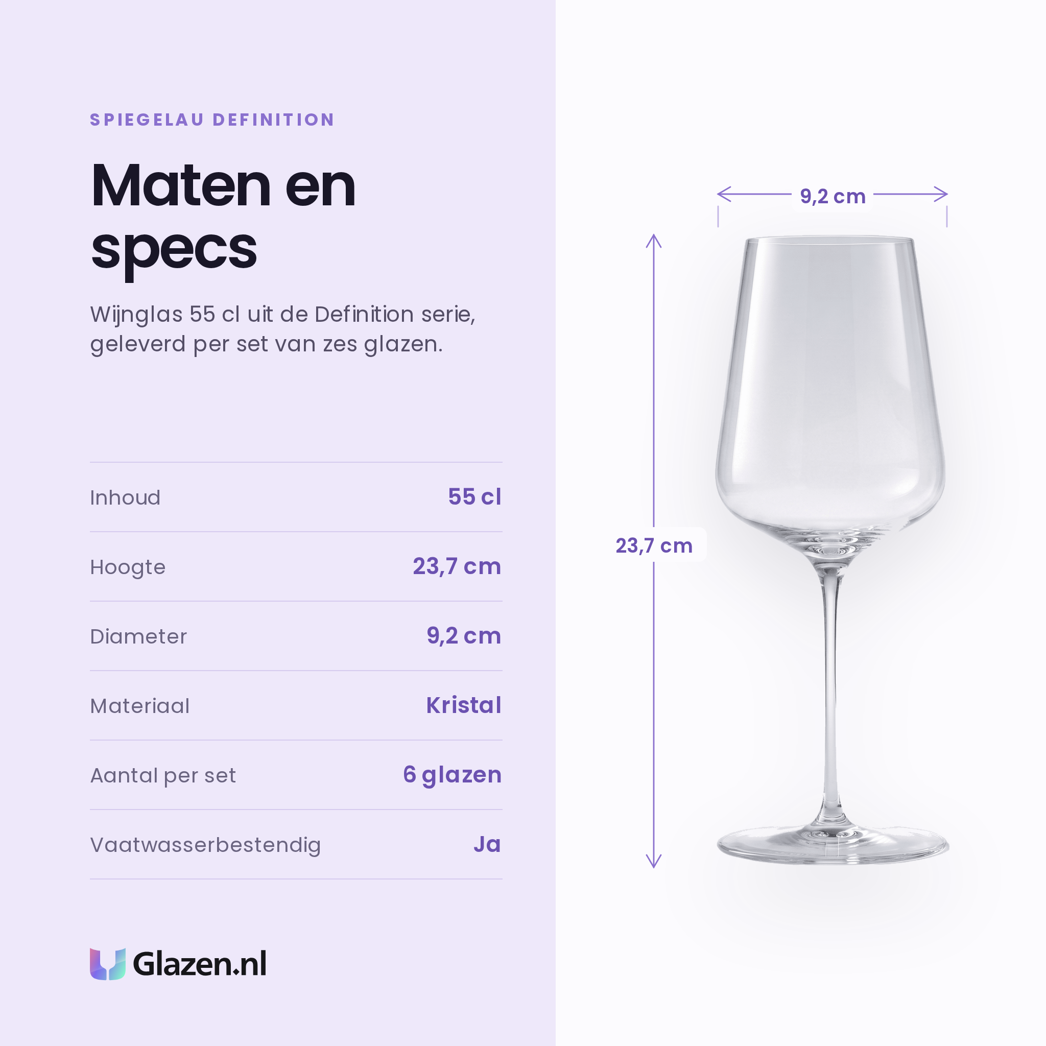 Spiegelau Definition wijnglas 55 cl specificaties: inhoud 55 cl, hoogte 23,7 cm, diameter 9,2 cm, kristal, set van 6