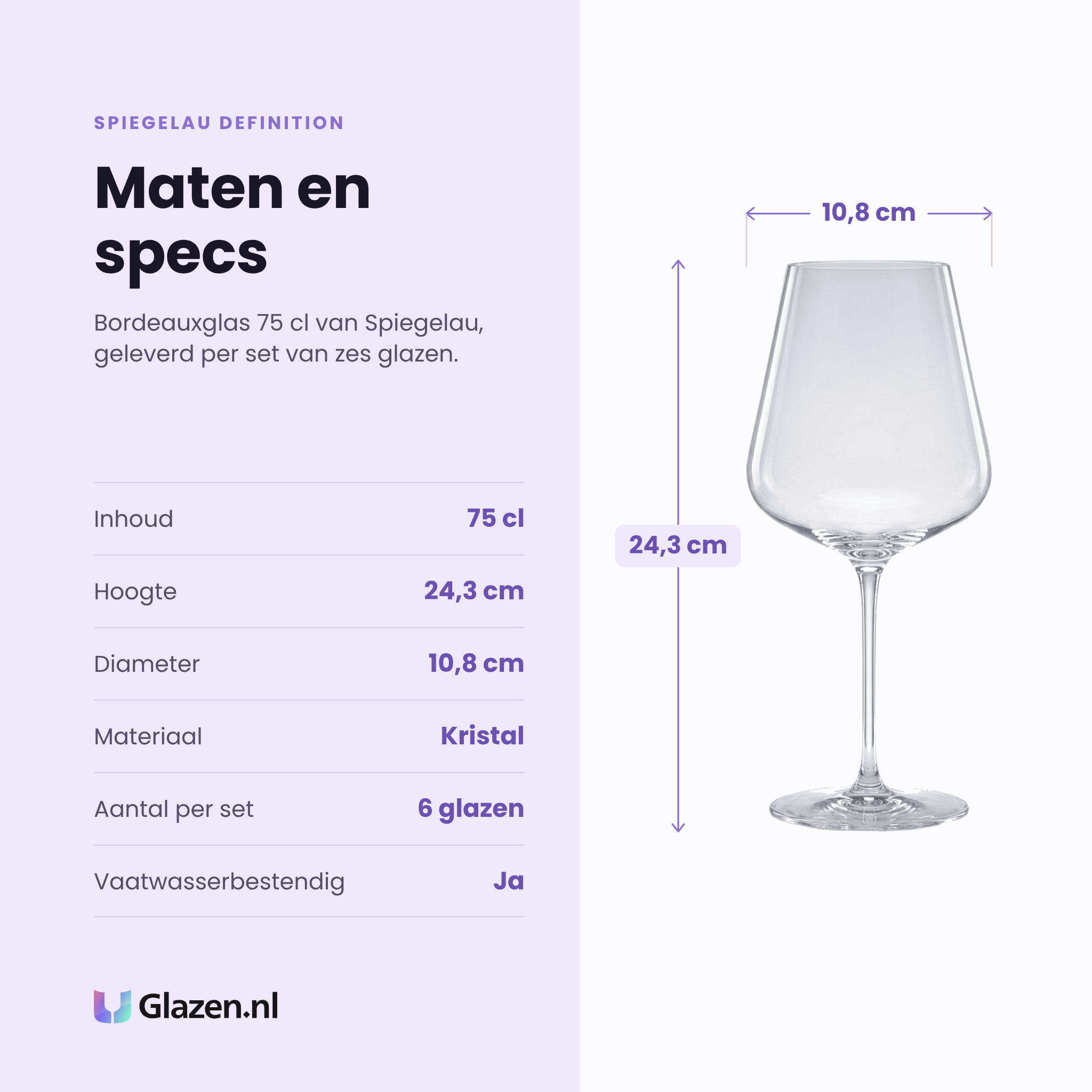 Spiegelau Definition bordeauxglas 75 cl specificaties: inhoud 75 cl, hoogte 24,3 cm, diameter 10,8 cm, kristal, set van 6