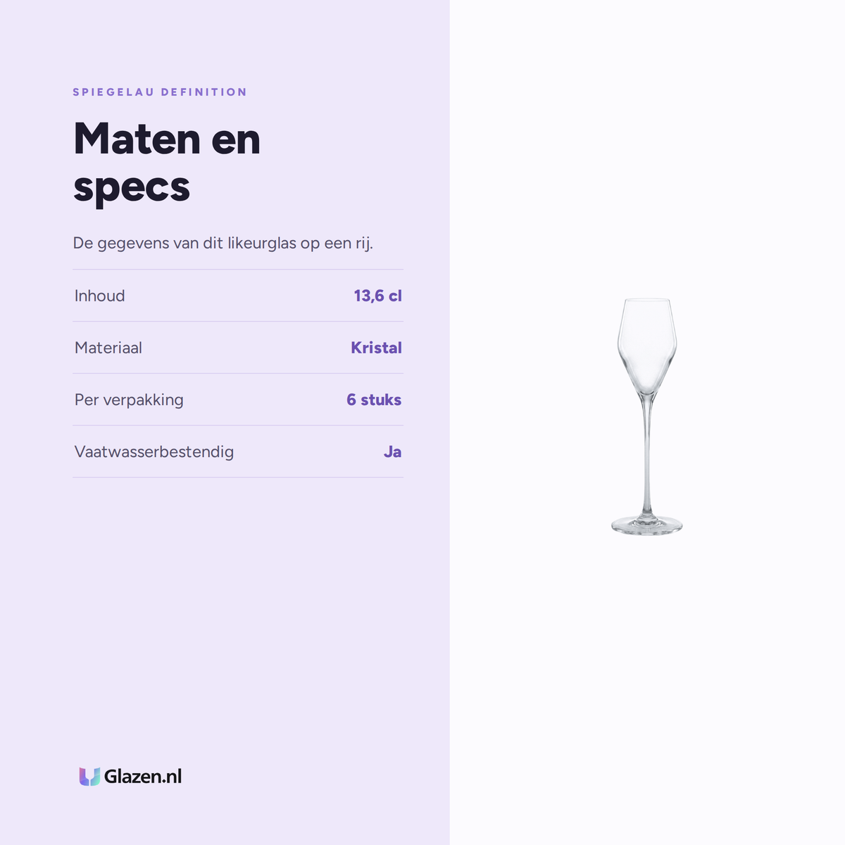 Spiegelau Definition Likeurglas 13,6 Cl, 6 Stuks specificaties: inhoud 13,6 cl, materiaal Kristal, per verpakking 6 stuks, vaatwasserbestendig Ja