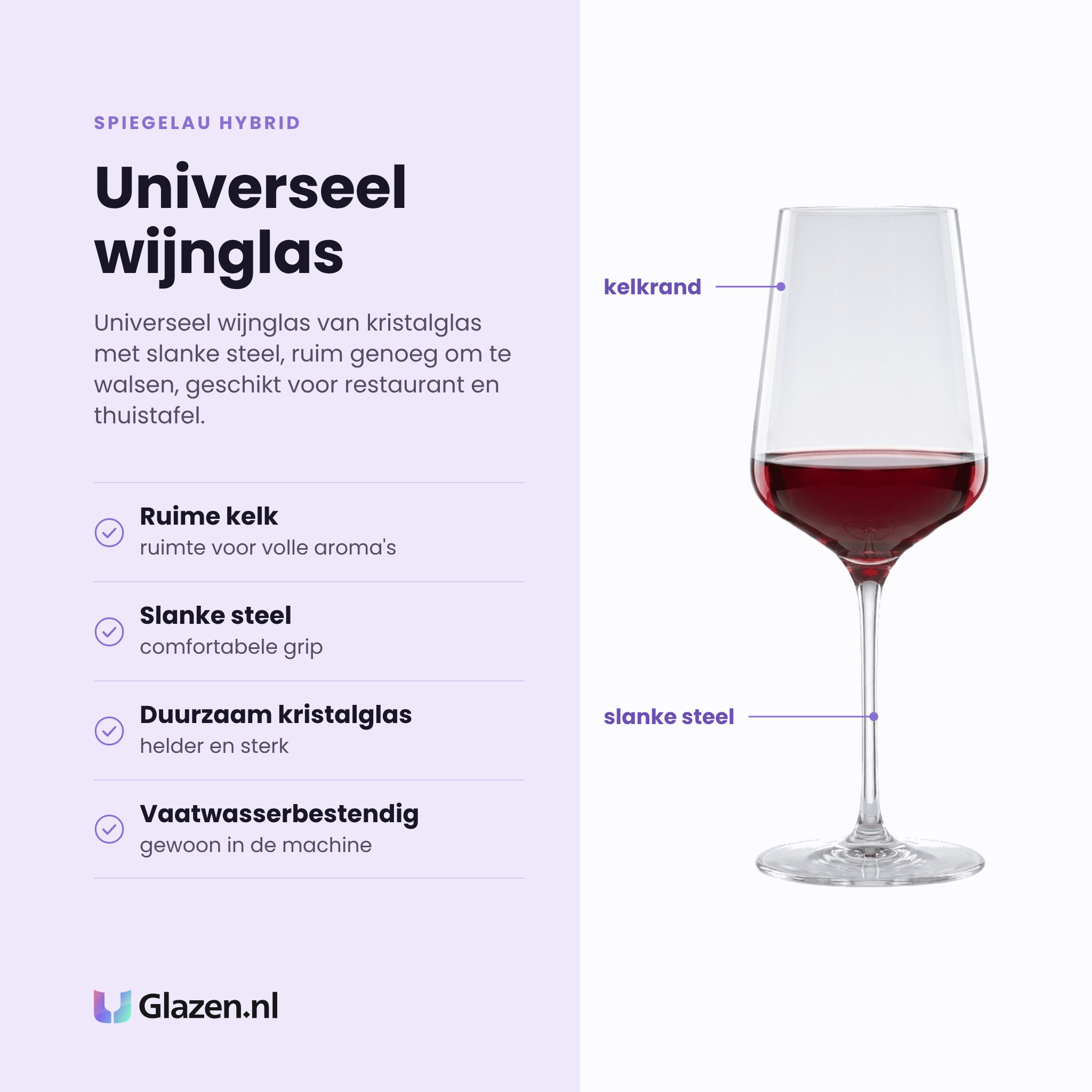 Spiegelau Hybrid wijnglas 55 cl eigenschappen: ruime kelk, slanke steel, duurzaam kristalglas, vaatwasserbestendig