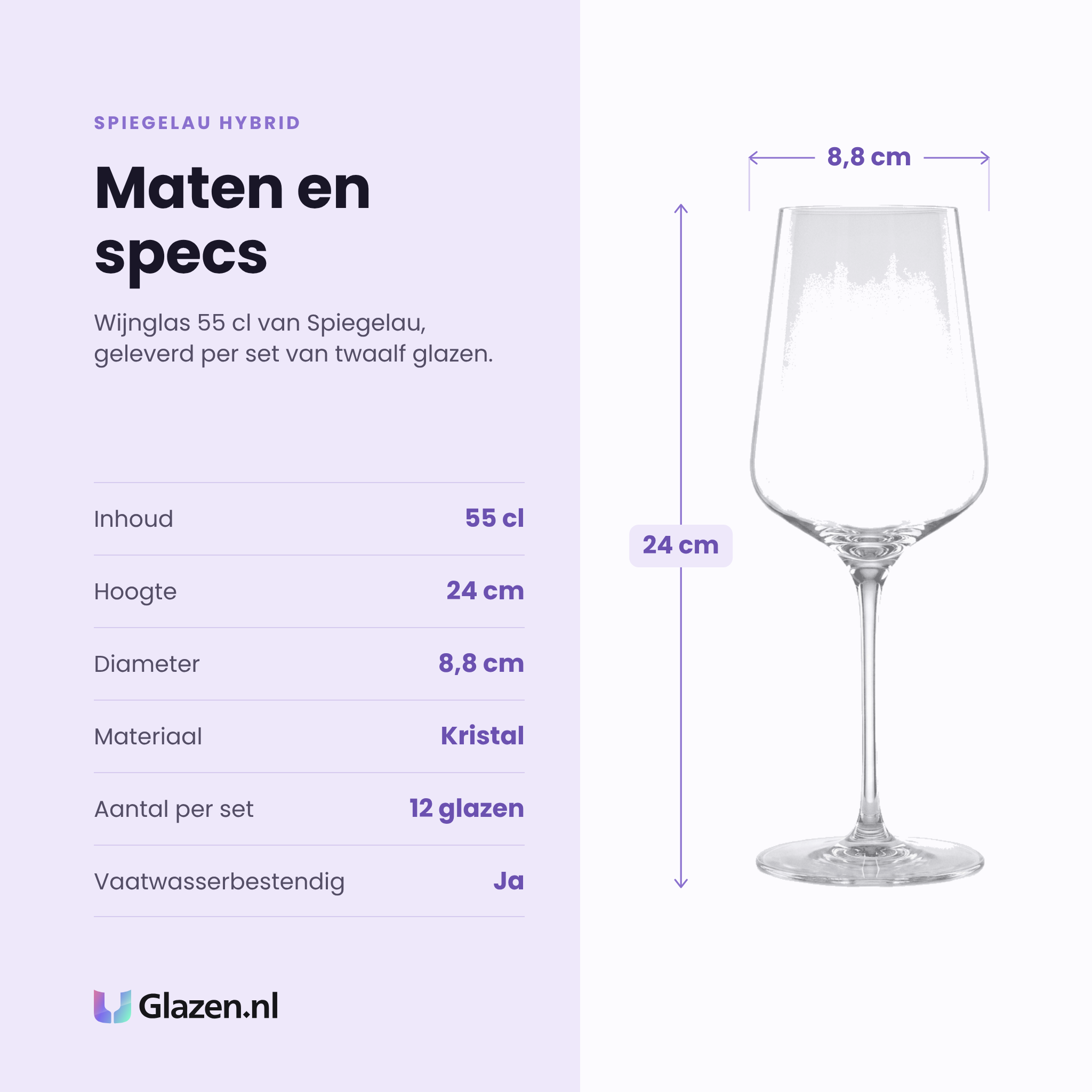 Spiegelau Hybrid wijnglas 55 cl specificaties: inhoud 55 cl, hoogte 24 cm, diameter 8,8 cm, kristal, set van 12