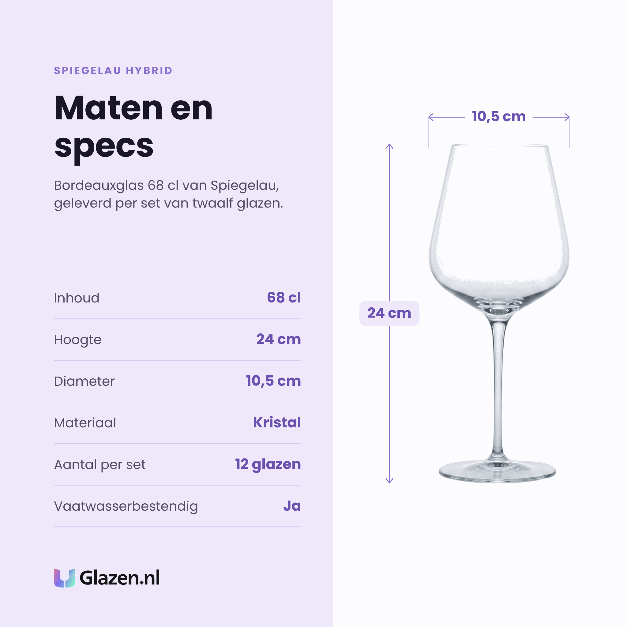 Spiegelau Hybrid bordeauxglas 68 cl specificaties: inhoud 68 cl, hoogte 24 cm, diameter 10,5 cm, kristal, set van 12