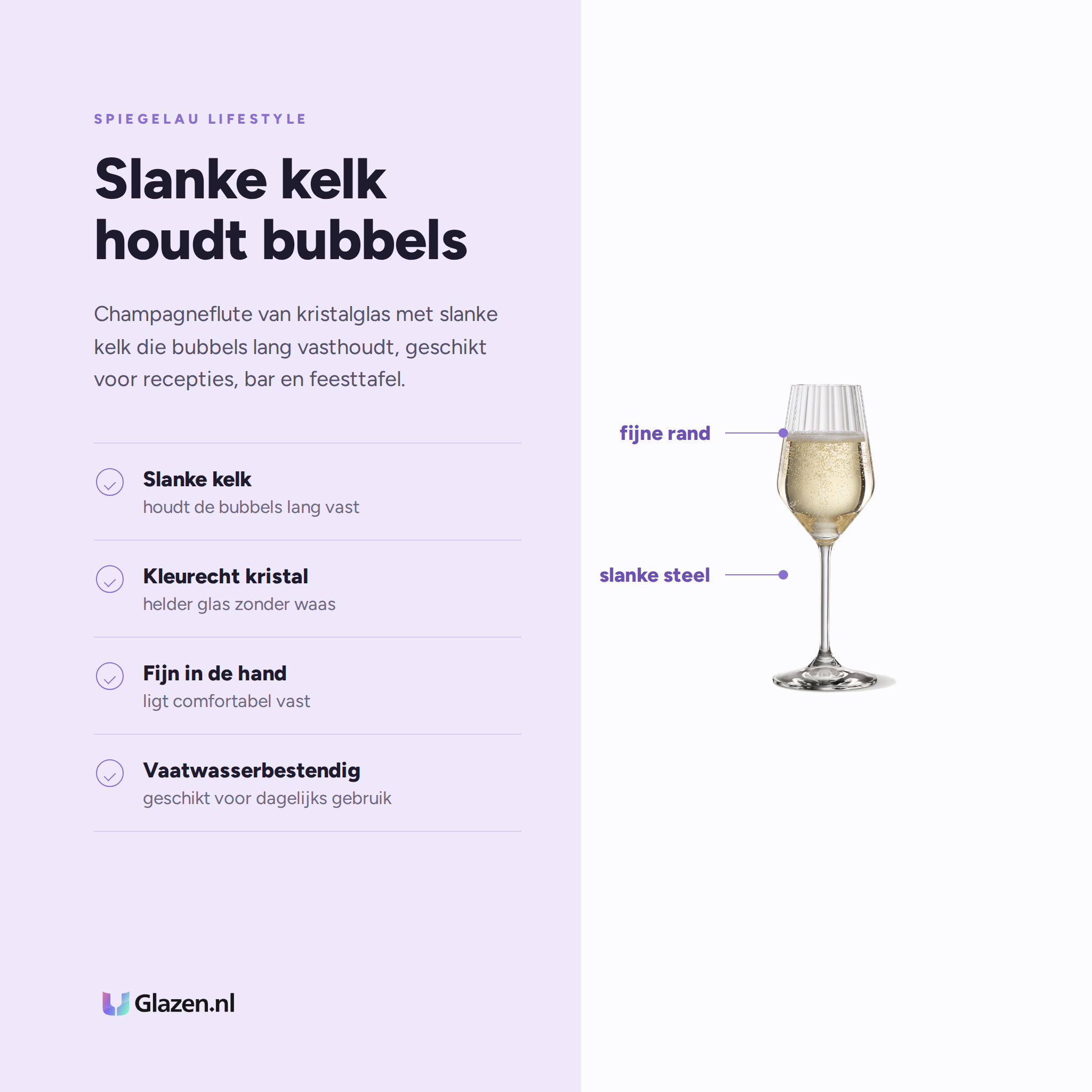 Spiegelau Lifestyle Champagneglas / Flute 31 Cl eigenschappen: slanke kelk, kleurecht kristal, fijn in de hand, vaatwasserbestendig
