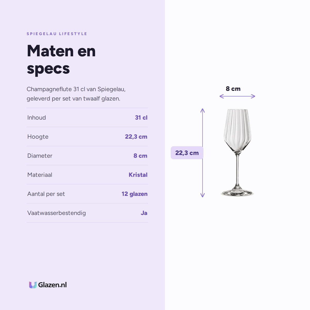Spiegelau Lifestyle Champagneglas / Flute 31 Cl specificaties: inhoud 31 cl, hoogte 22,3 cm, diameter 8 cm, materiaal Kristal, aantal per set 12 glazen, vaatwasserbestendig Ja