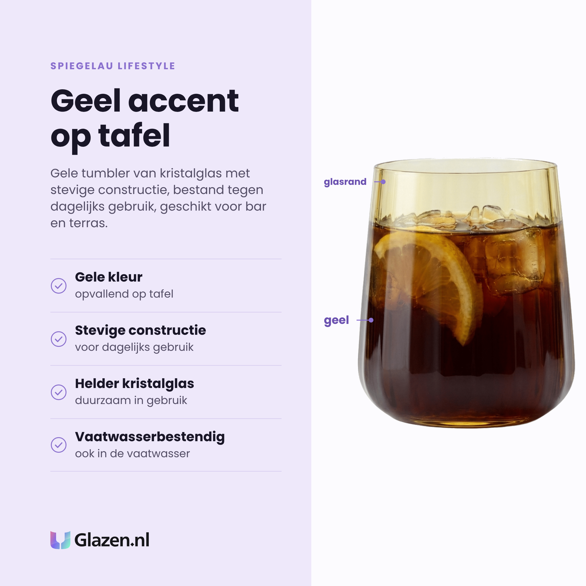 Spiegelau Lifestyle tumbler 34 cl eigenschappen: gele kleur, stevige constructie, helder kristalglas, vaatwasserbestendig