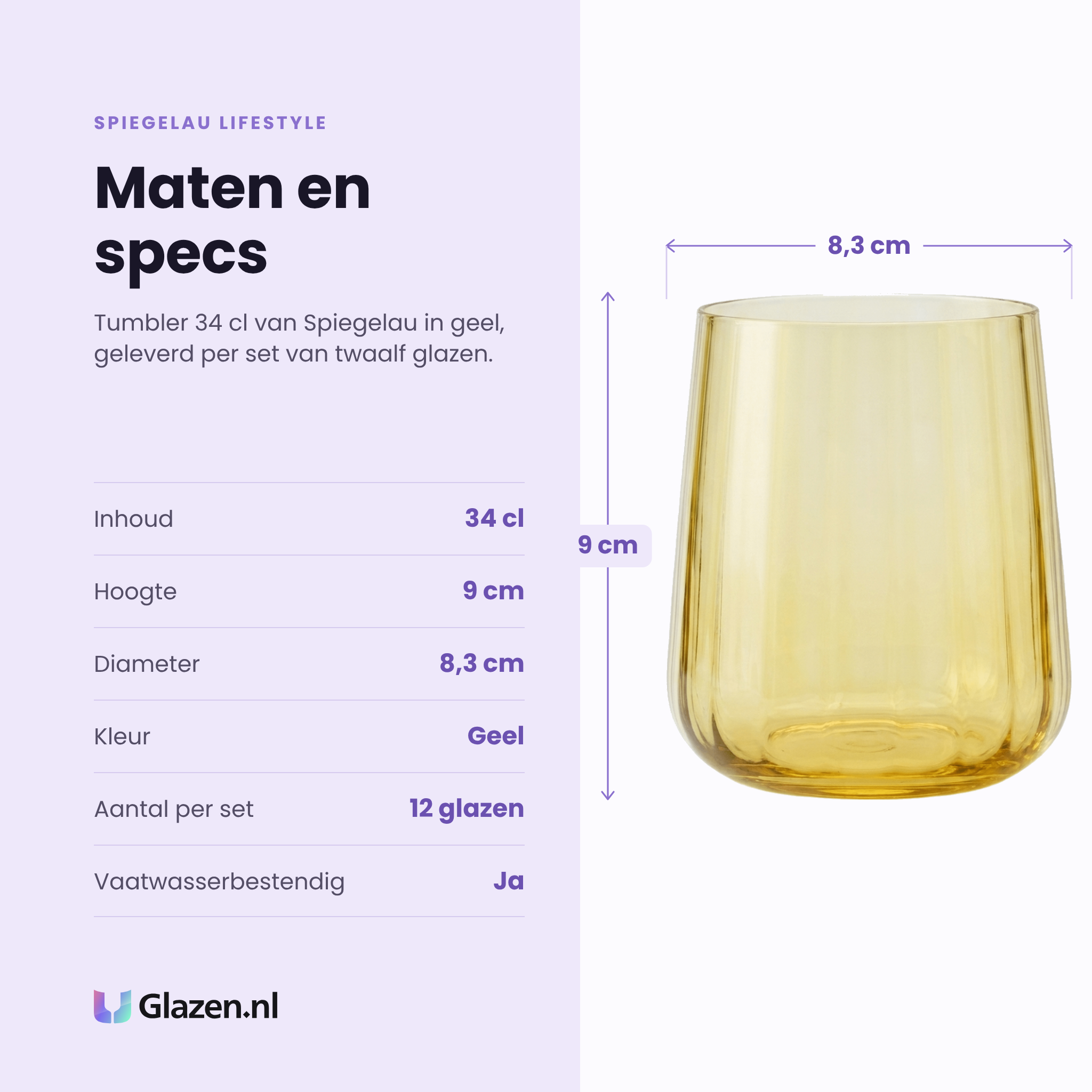 Spiegelau Lifestyle tumbler 34 cl specificaties: inhoud 34 cl, hoogte 9 cm, diameter 8,3 cm, geel, set van 12