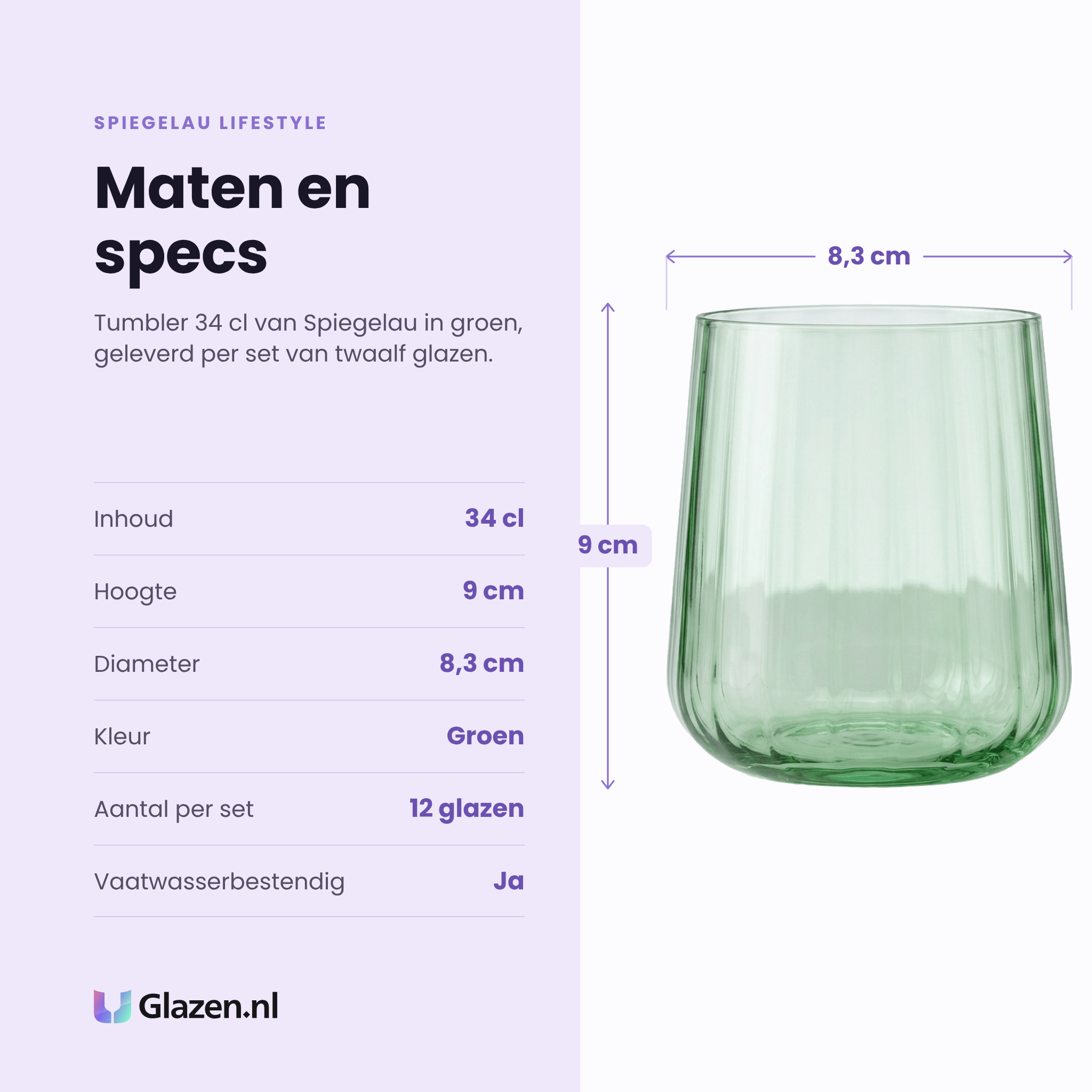 Spiegelau Lifestyle tumbler 34 cl specificaties: inhoud 34 cl, hoogte 9 cm, diameter 8,3 cm, groen, set van 12