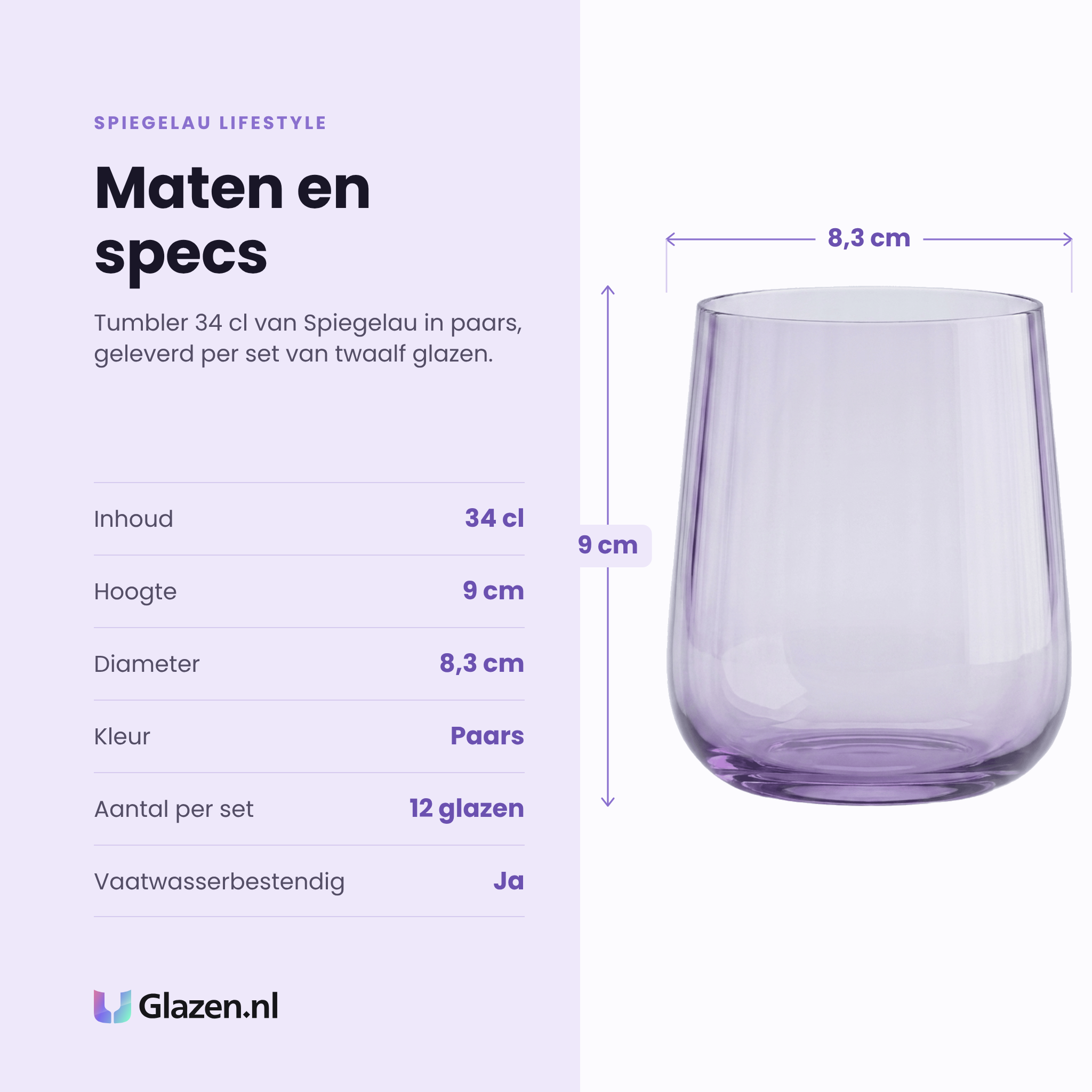 Spiegelau Lifestyle tumbler 34 cl specificaties: inhoud 34 cl, hoogte 9 cm, diameter 8,3 cm, paars, set van 12