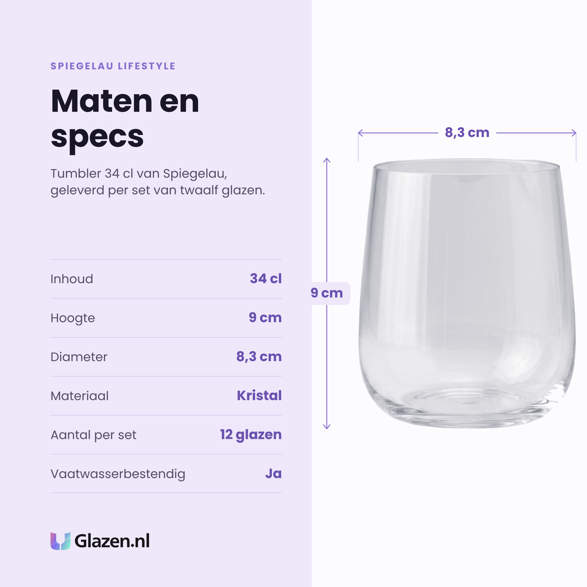 Spiegelau Lifestyle tumbler 34 cl specificaties: inhoud 34 cl, hoogte 9 cm, diameter 8,3 cm, kristal, set van 12