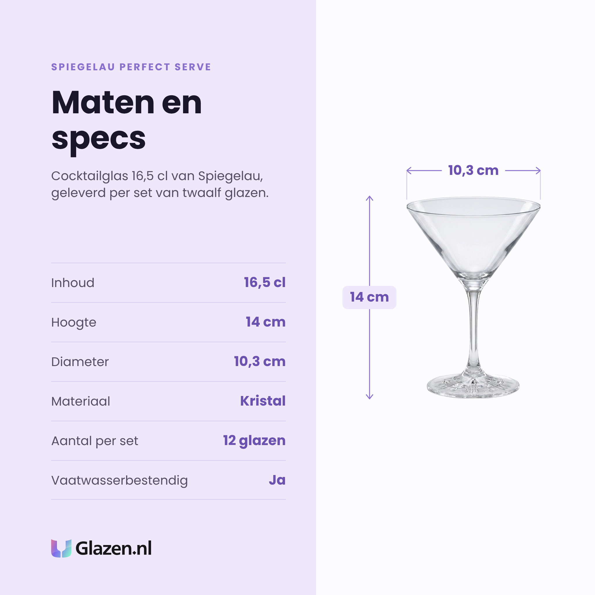 Spiegelau Perfect Serve cocktailglas 16,5 cl specificaties: inhoud 16,5 cl, hoogte 14 cm, diameter 10,3 cm, kristal, set van 12
