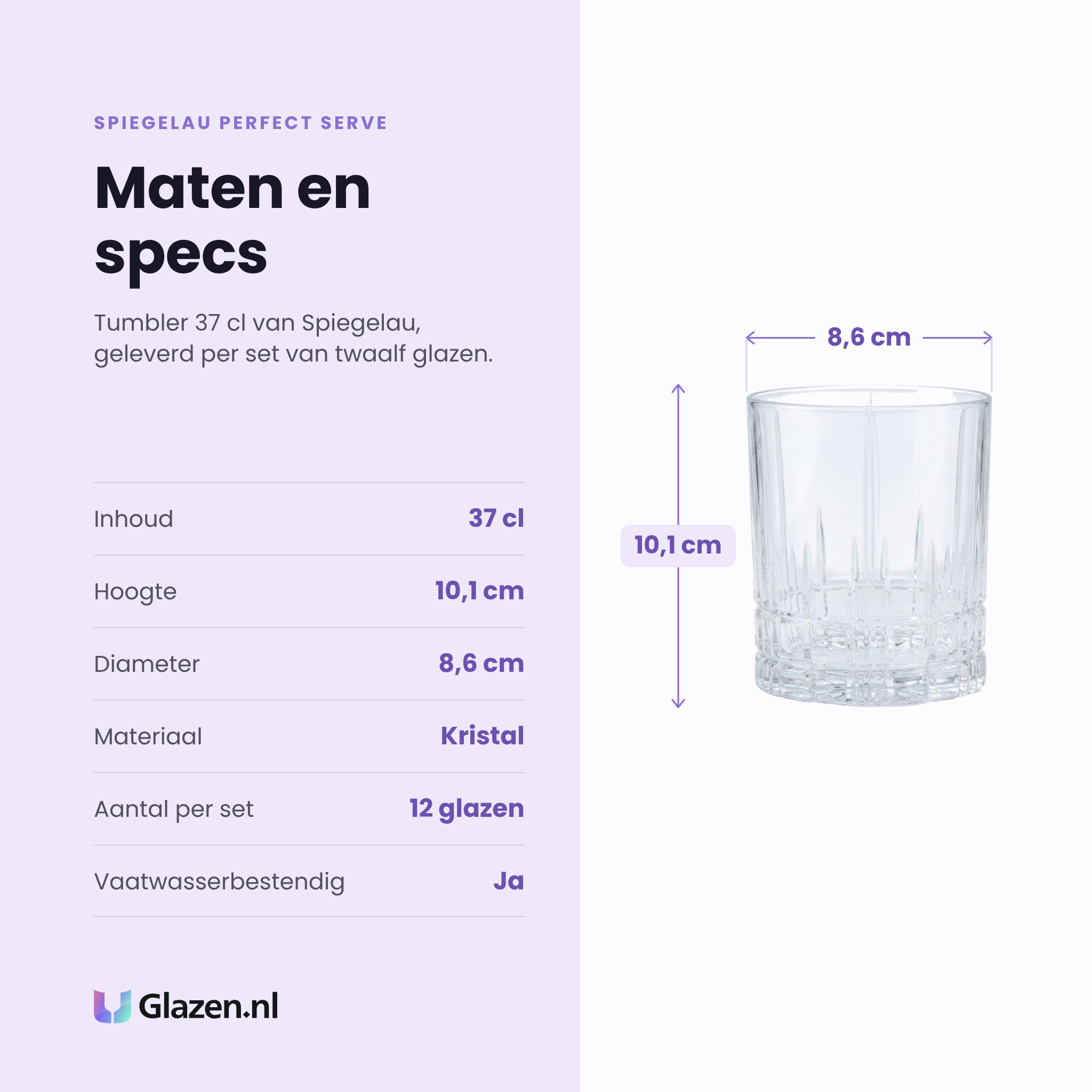Spiegelau Perfect Serve tumbler 37 cl specificaties: inhoud 37 cl, hoogte 10,1 cm, diameter 8,6 cm, kristal, set van 12